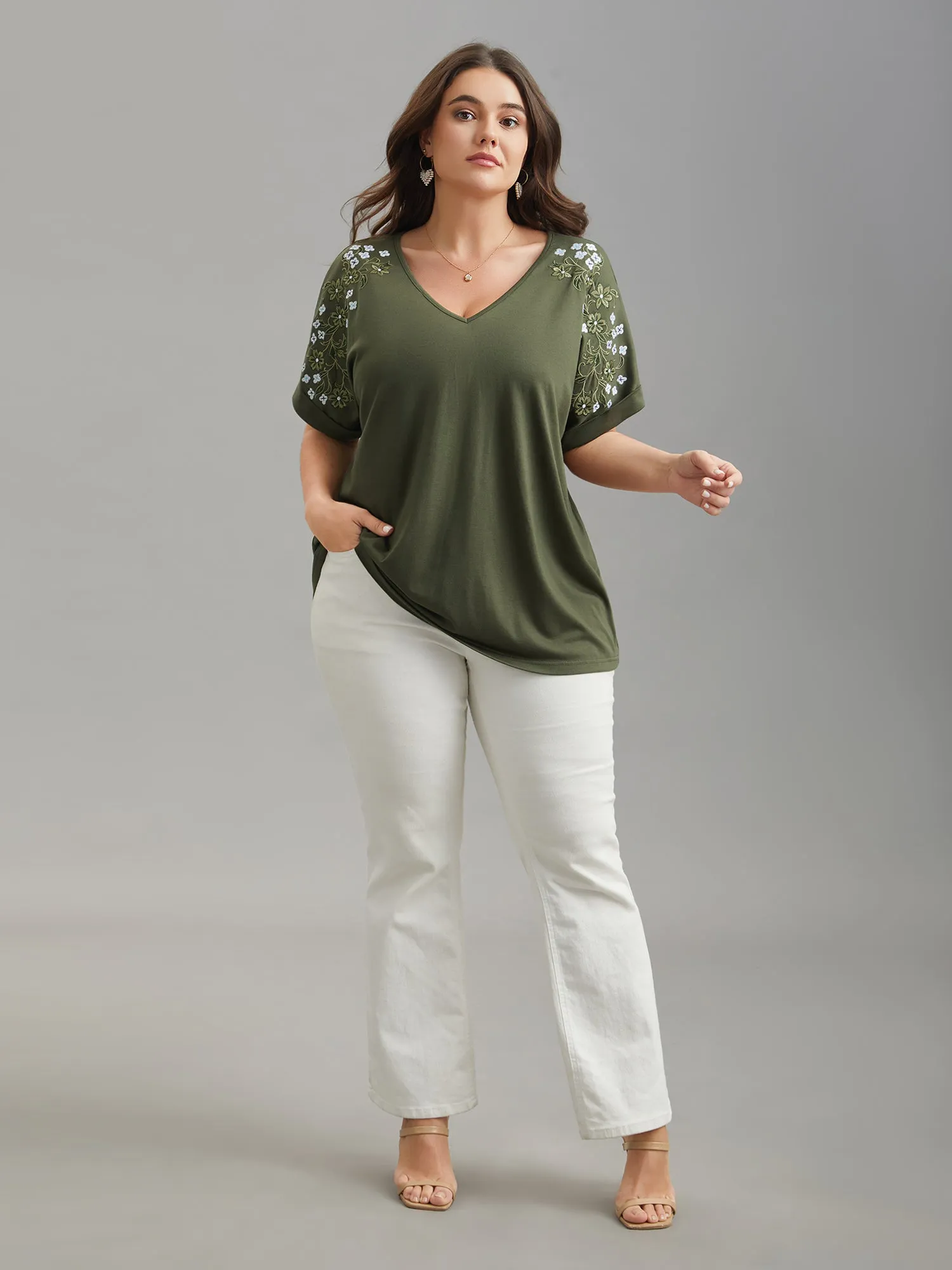 Stretchy Embroidered Drop Shoulder T-Shirt sold by Bloomchic product image thumbnail 4