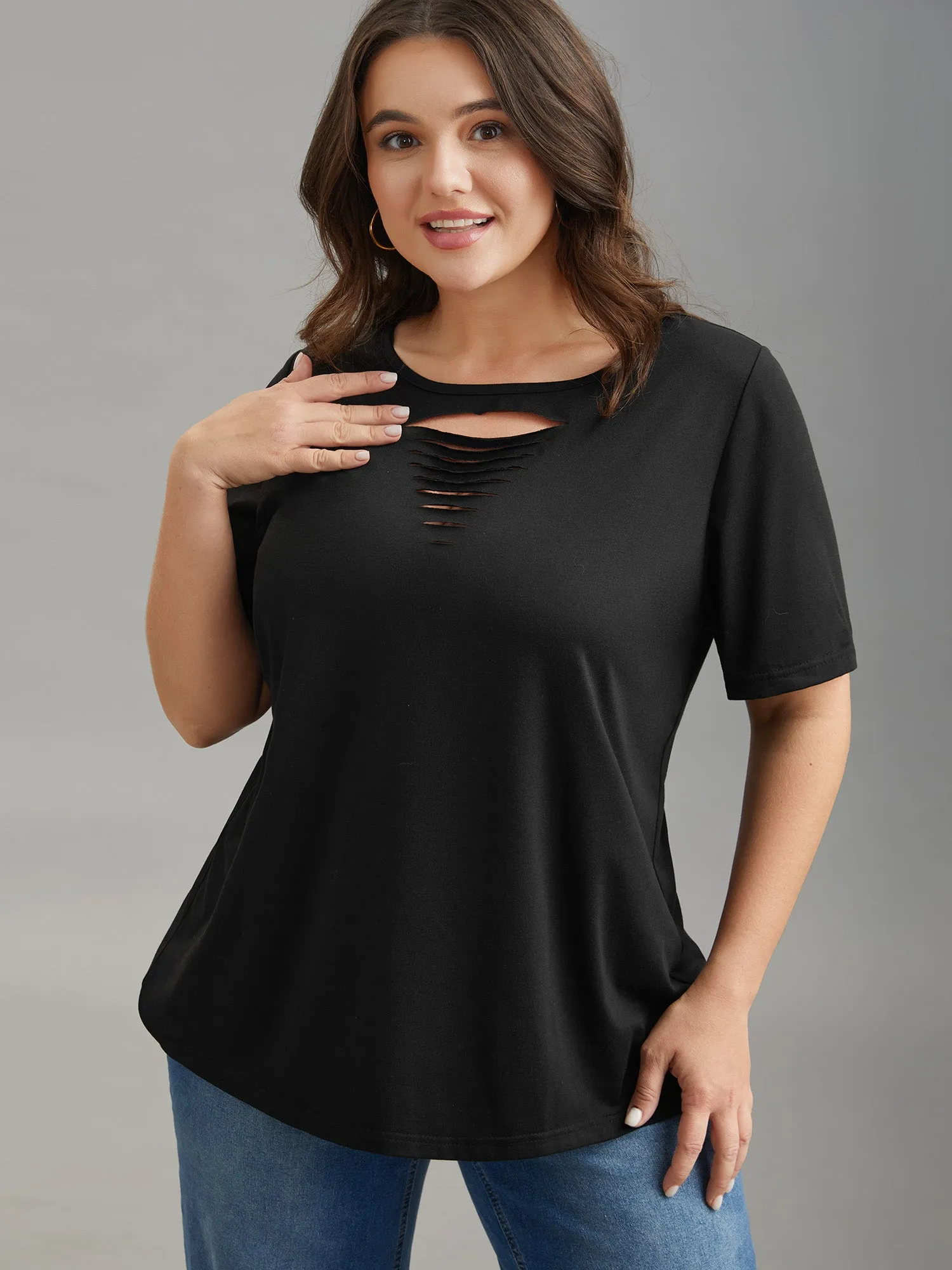 Stretchy Ripped Neck Fitted T-Shirt sold by Bloomchic product image thumbnail 2