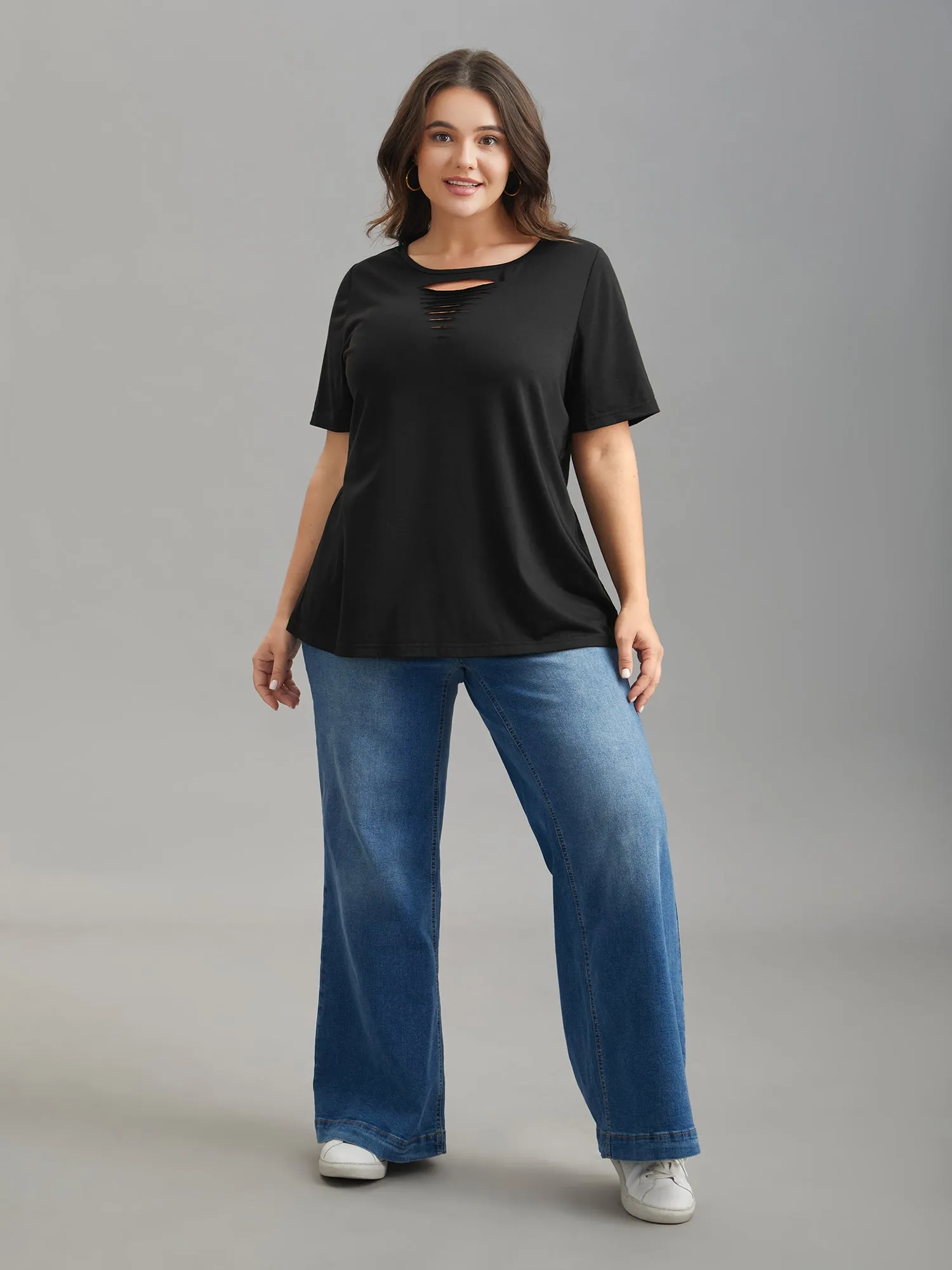 Stretchy Ripped Neck Fitted T-Shirt sold by Bloomchic product image thumbnail 4