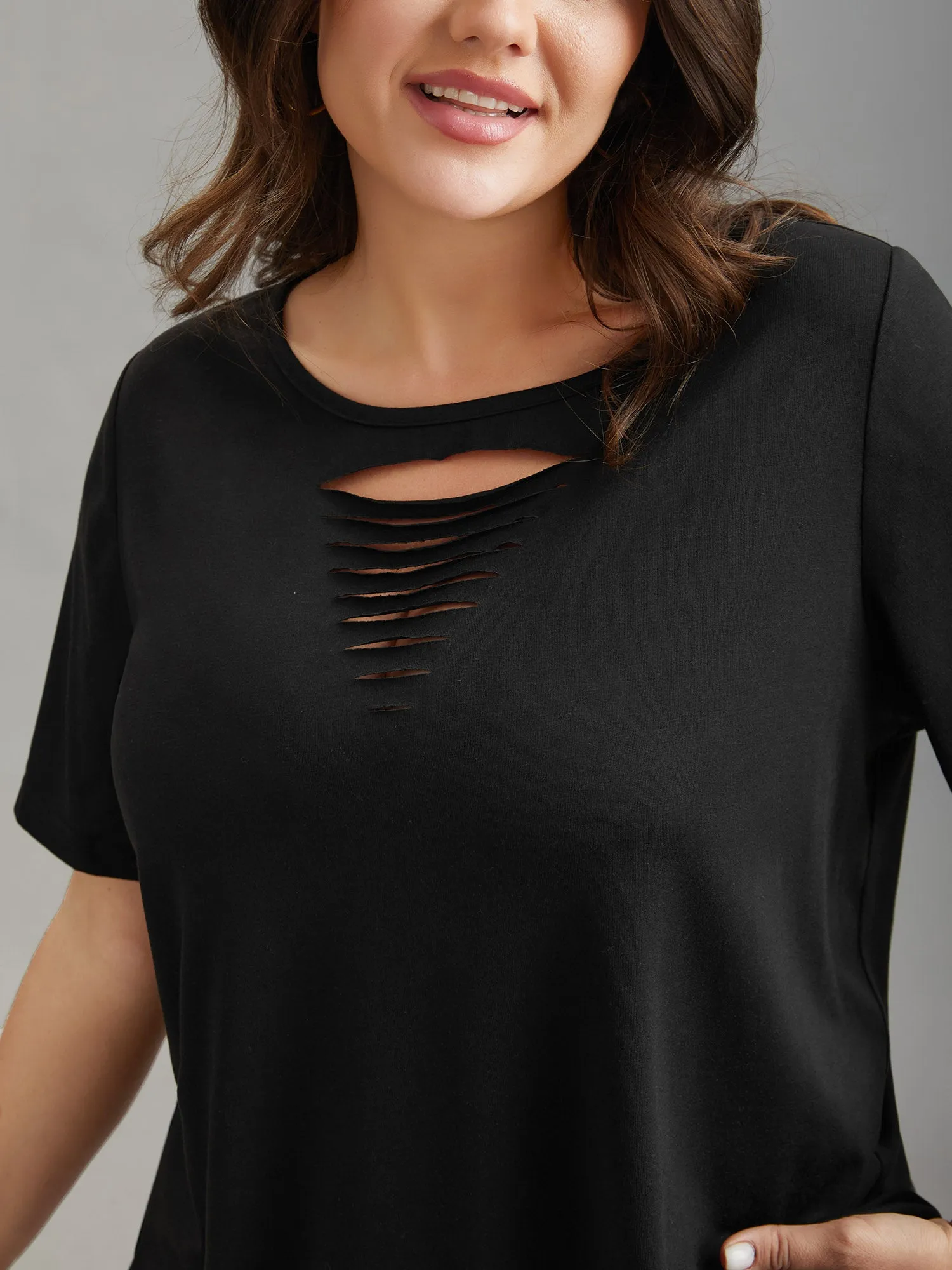 Stretchy Ripped Neck Fitted T-Shirt sold by Bloomchic product image thumbnail 5