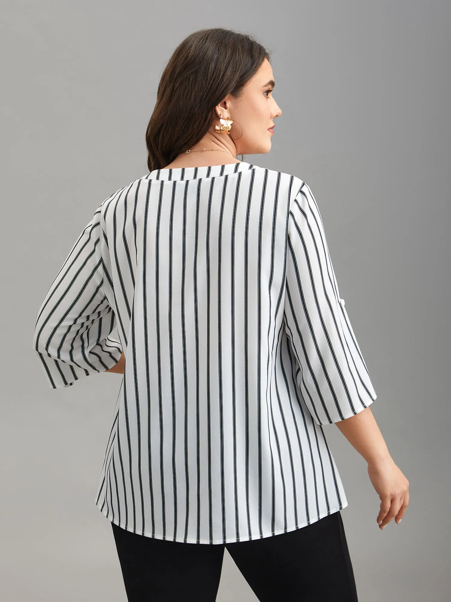 Notched Collar Striped Tab Sleeve Shirt sold by Bloomchic product image thumbnail 5