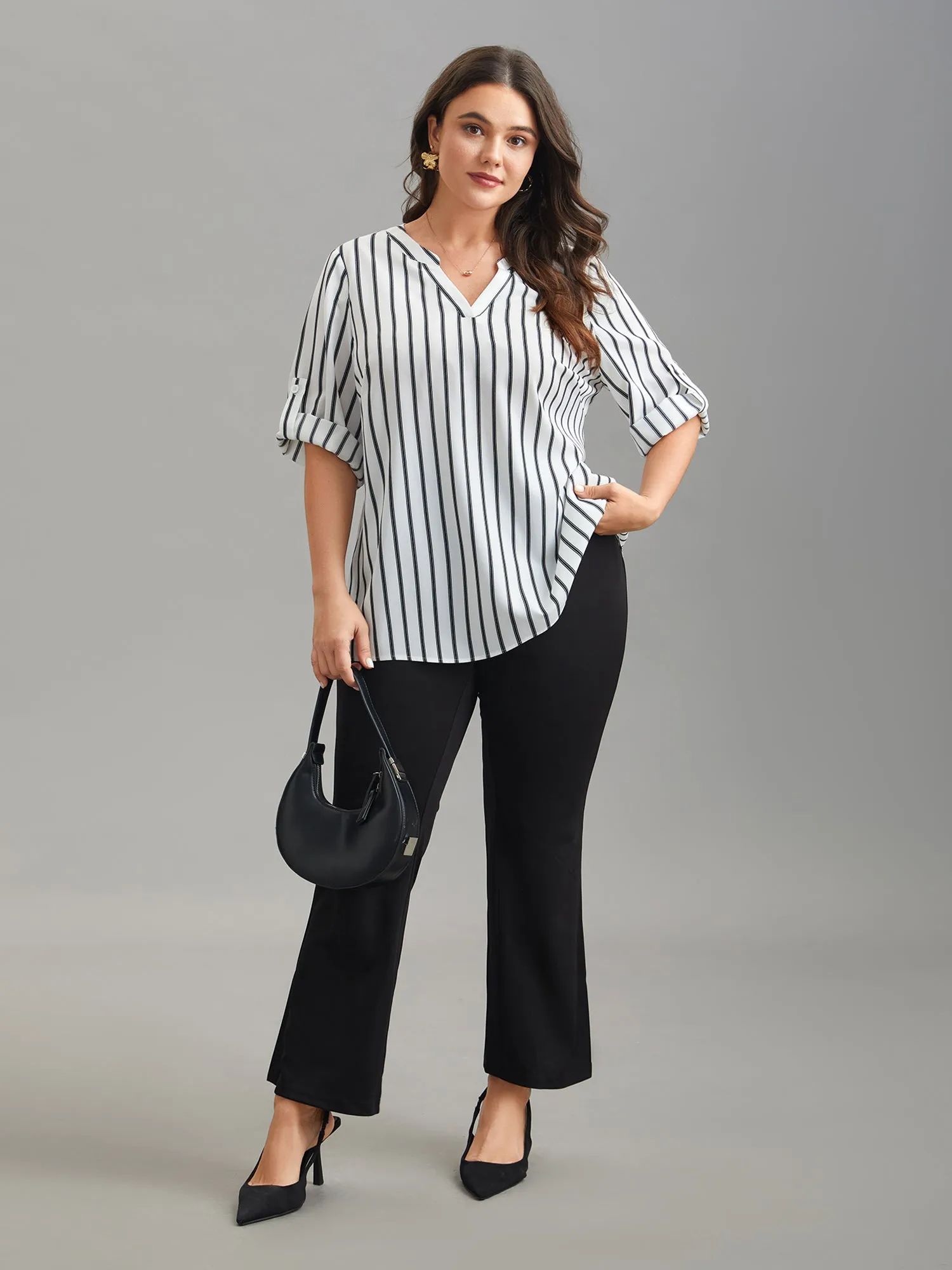 Notched Collar Striped Tab Sleeve Shirt sold by Bloomchic product image thumbnail 2