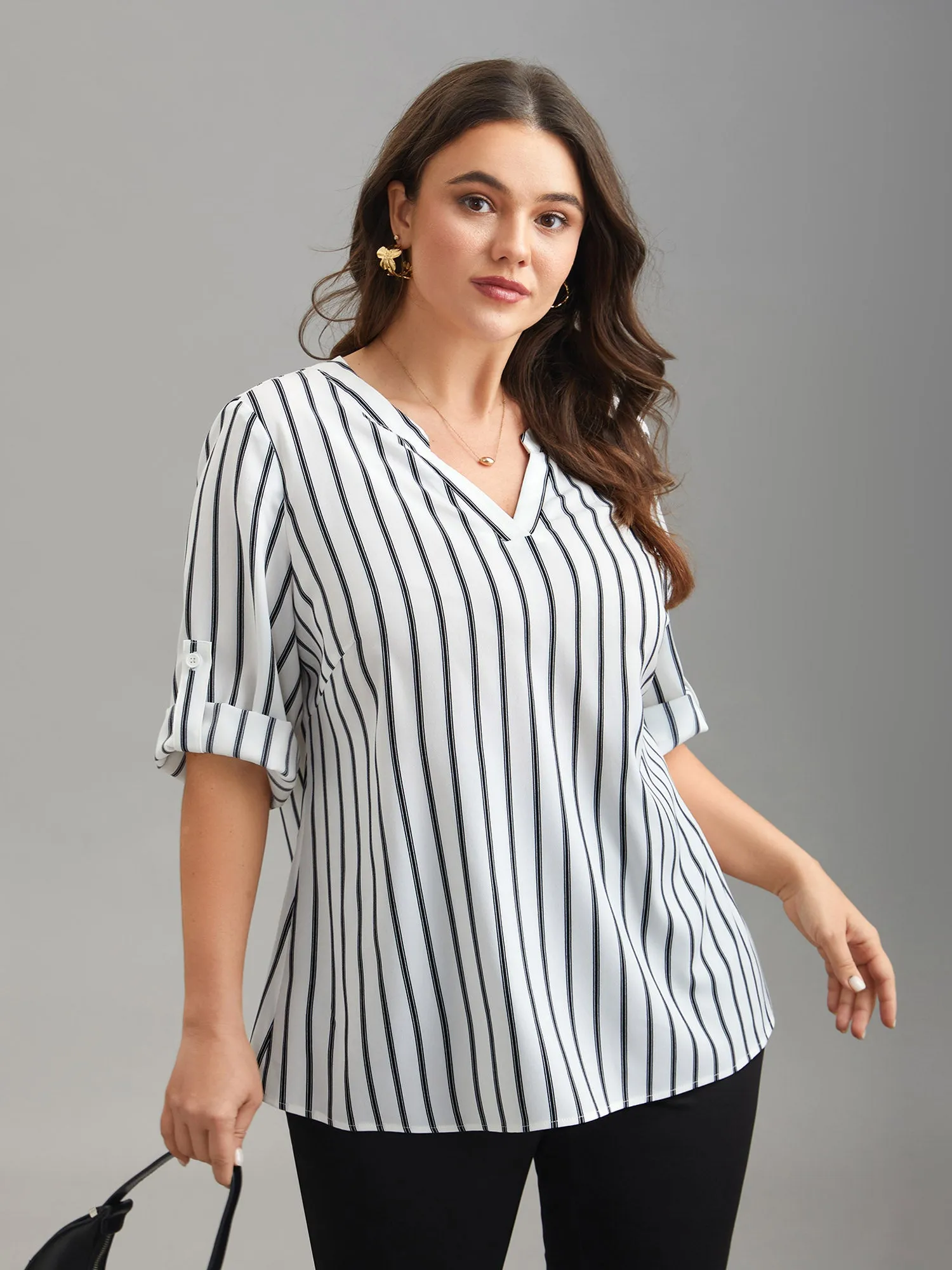 Notched Collar Striped Tab Sleeve Shirt sold by Bloomchic
