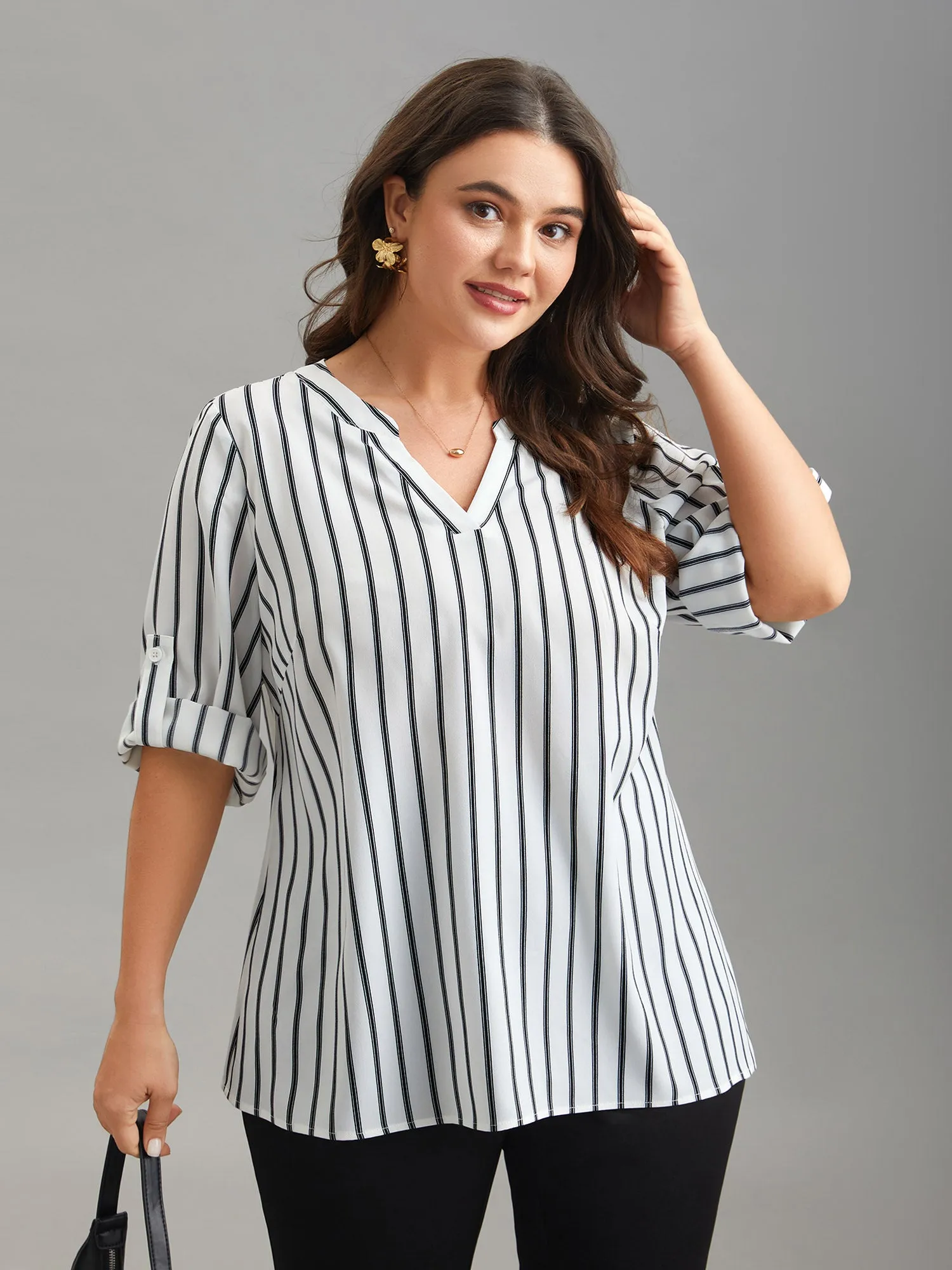 Notched Collar Striped Tab Sleeve Shirt sold by Bloomchic product image thumbnail 4
