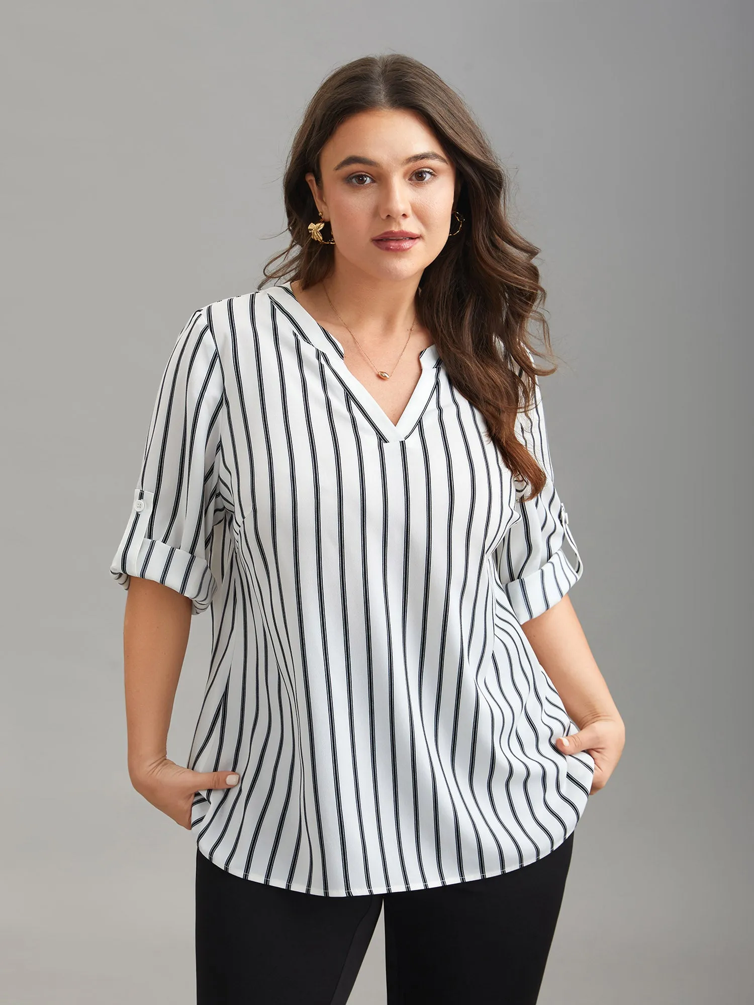 Notched Collar Striped Tab Sleeve Shirt sold by Bloomchic product image thumbnail 3