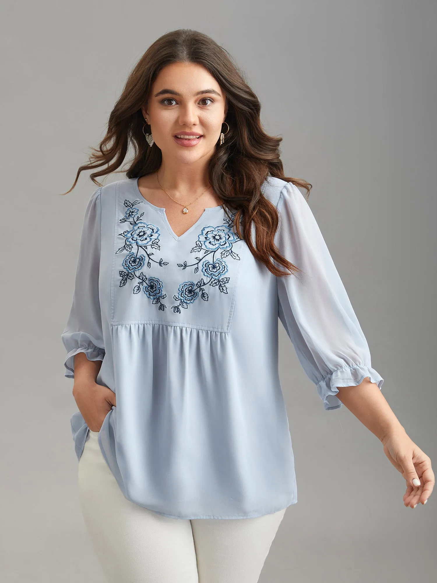 Chiffon Embroidery Puff Sleeve Pleated Shirt sold by Bloomchic product image thumbnail 2