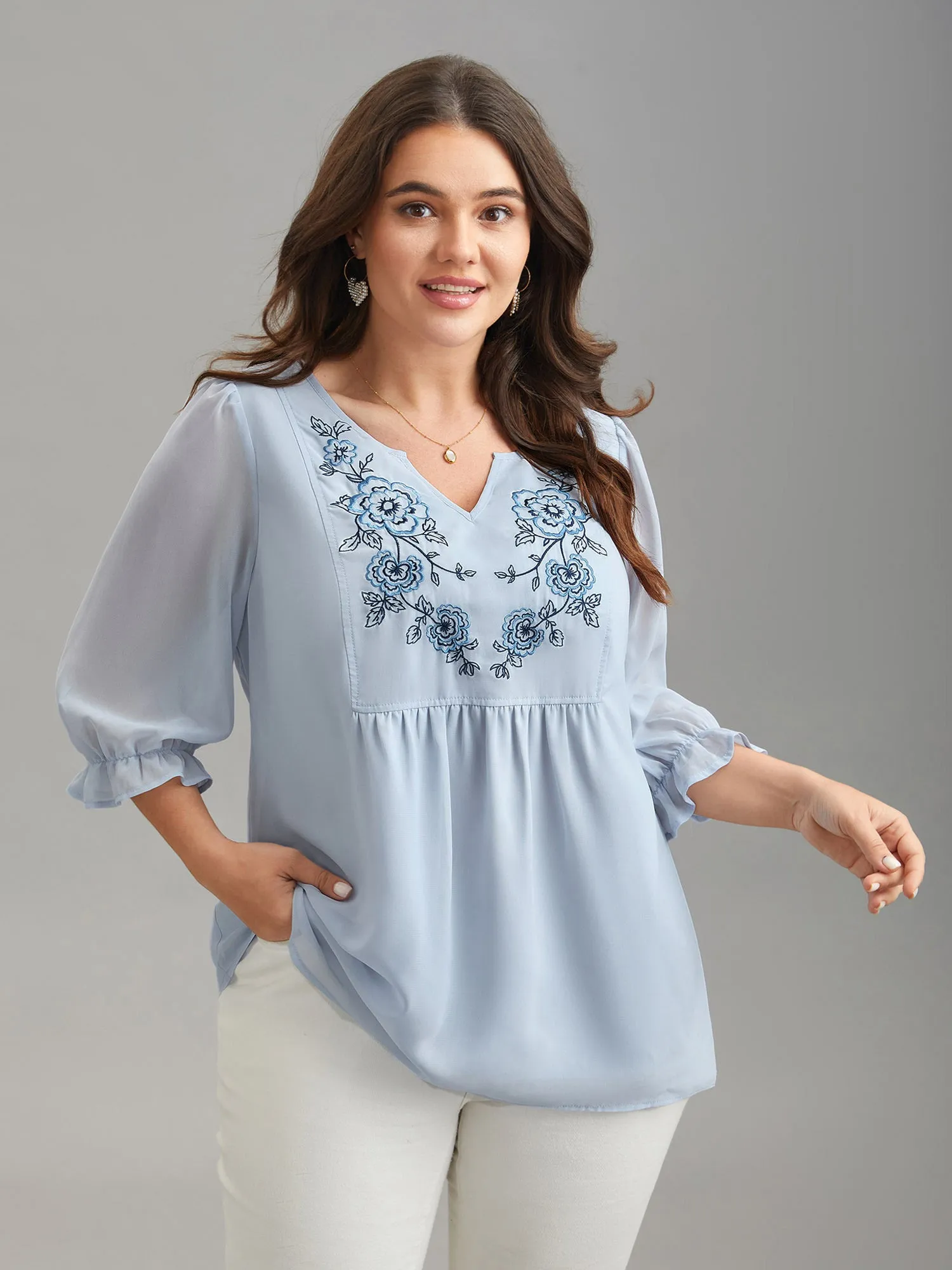 Chiffon Embroidery Puff Sleeve Pleated Shirt sold by Bloomchic product image thumbnail 4