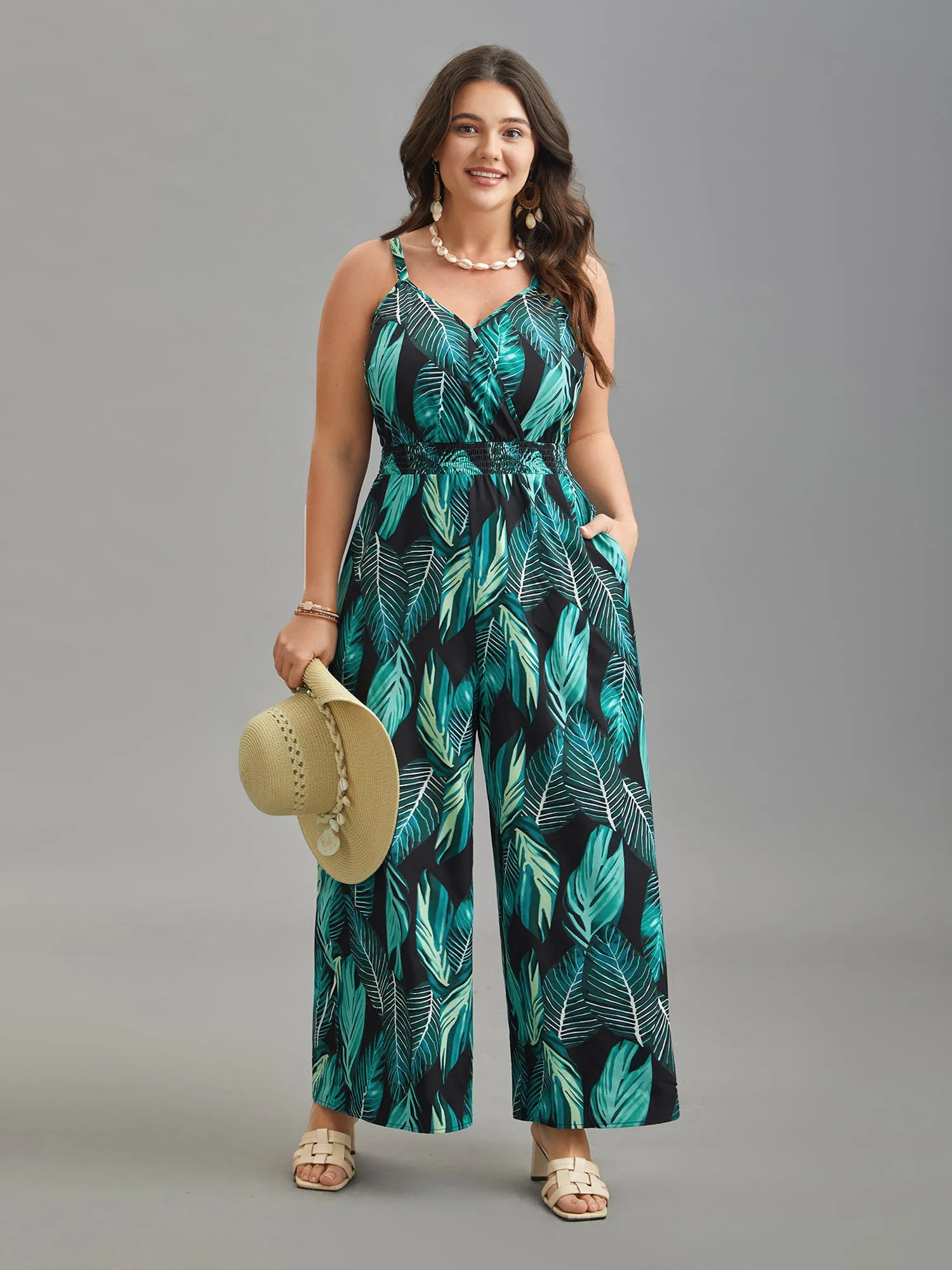 Tropical Print Waist-Cinched Pockets Jumpsuit sold by Bloomchic
