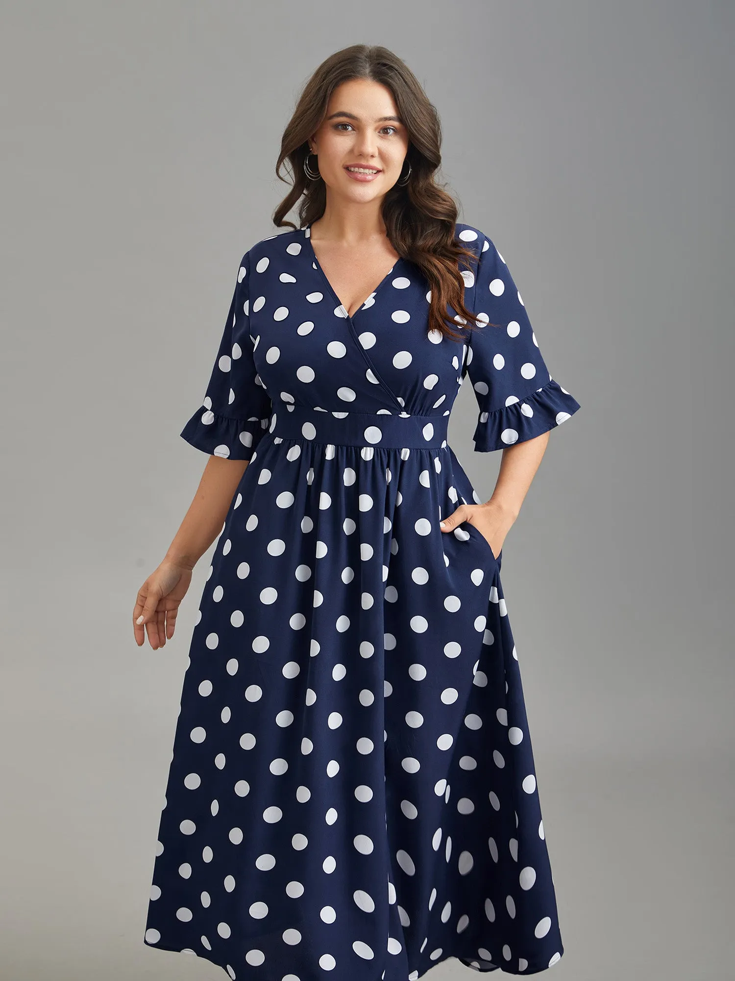 Polka Dots Surplice Neck Waist-Cinched Dress sold by Bloomchic