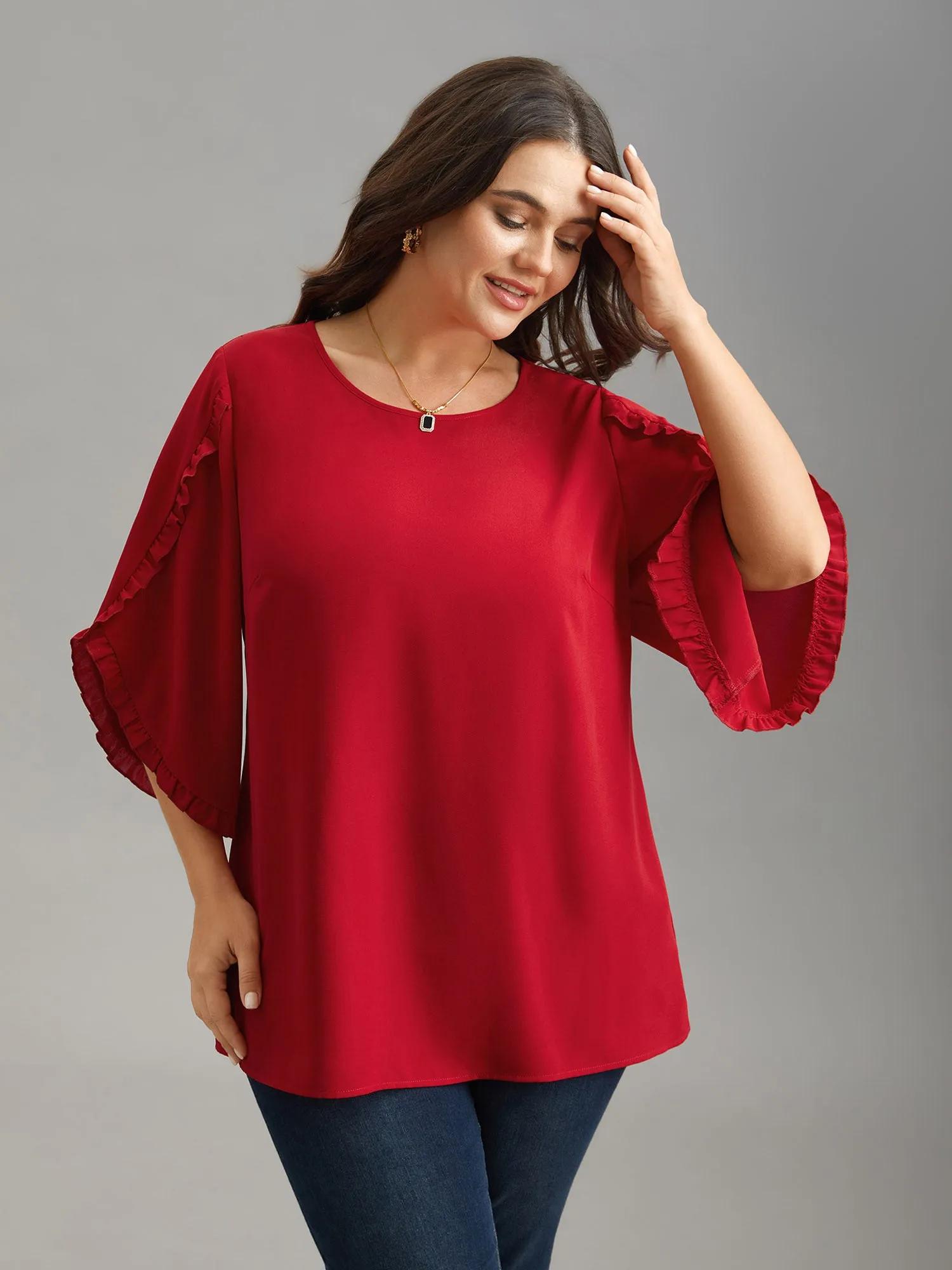 Ruffled Bud Sleeve Round Neck Shirt sold by Bloomchic product image thumbnail 2