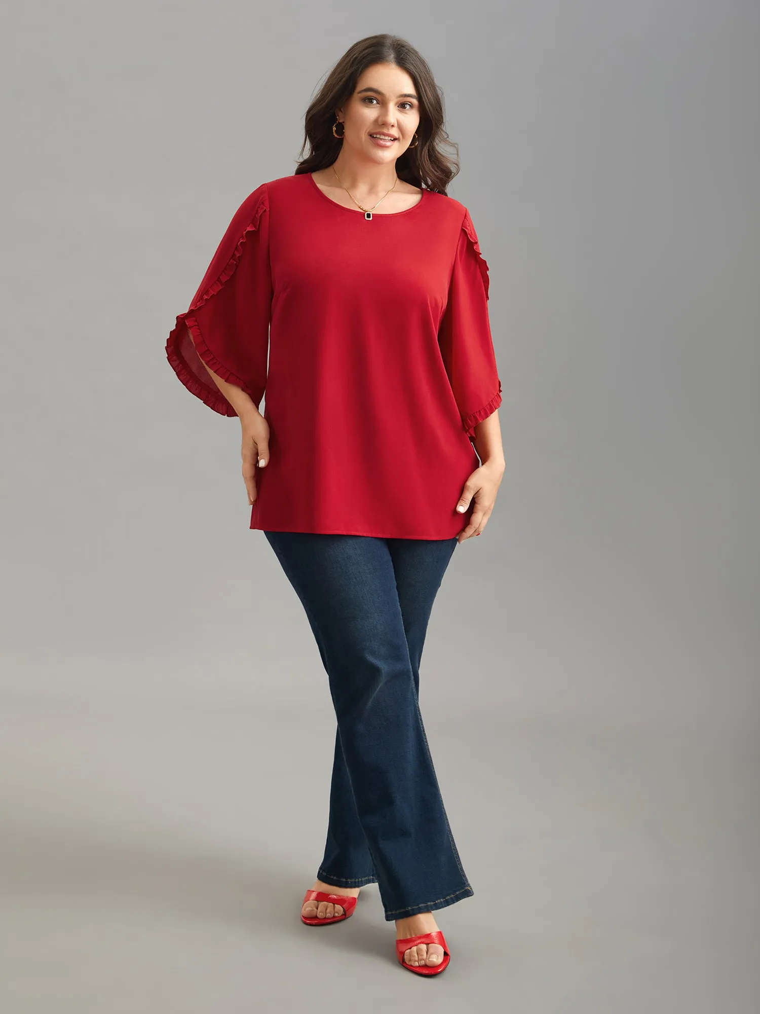 Ruffled Bud Sleeve Round Neck Shirt sold by Bloomchic product image thumbnail 5