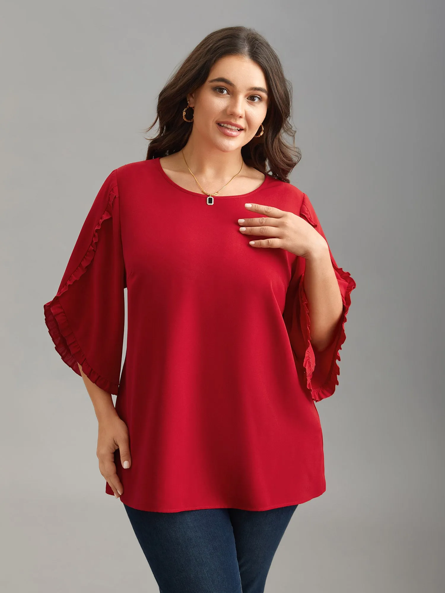 Ruffled Bud Sleeve Round Neck Shirt sold by Bloomchic product image thumbnail 3