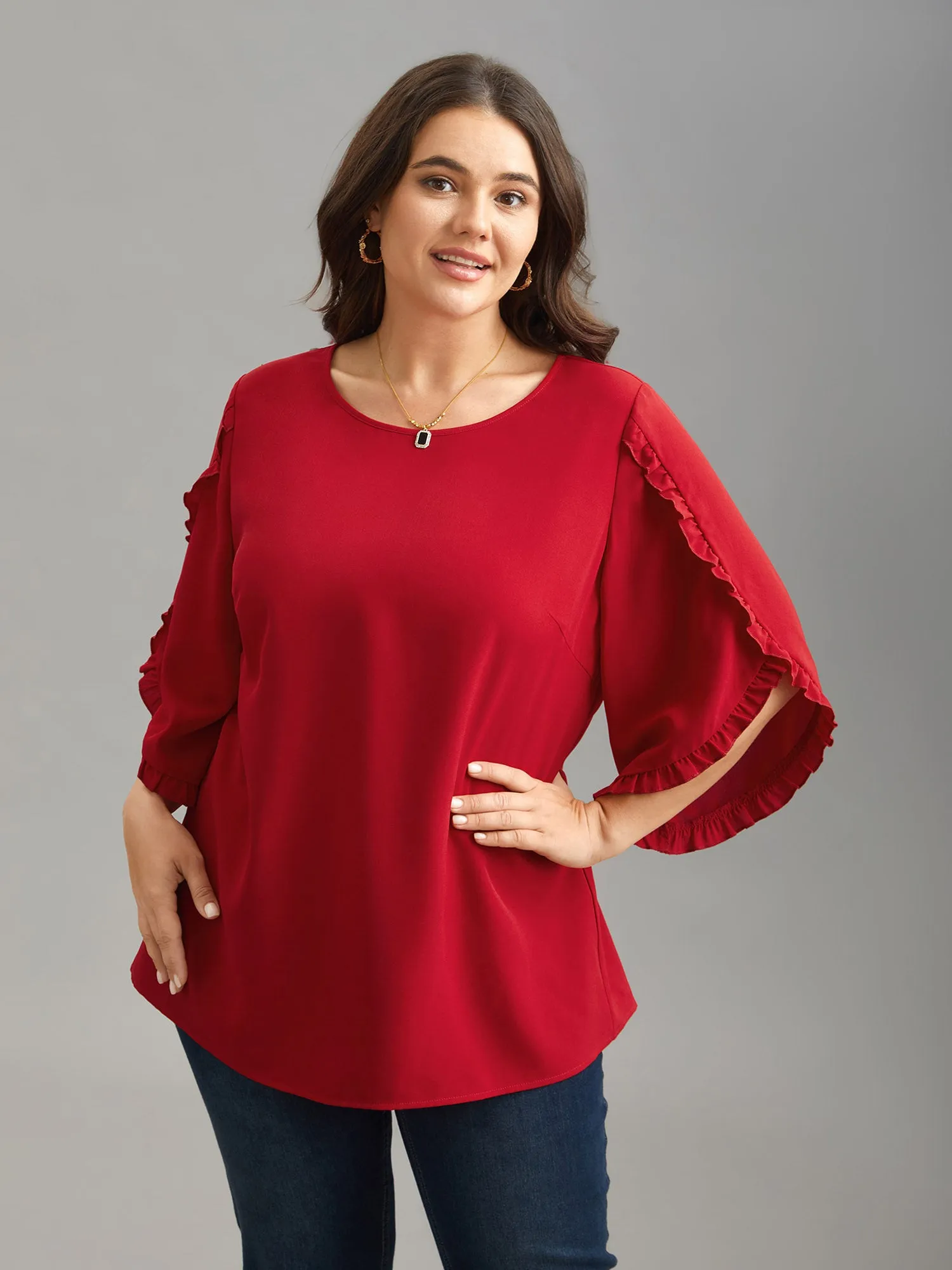 Ruffled Bud Sleeve Round Neck Shirt sold by Bloomchic