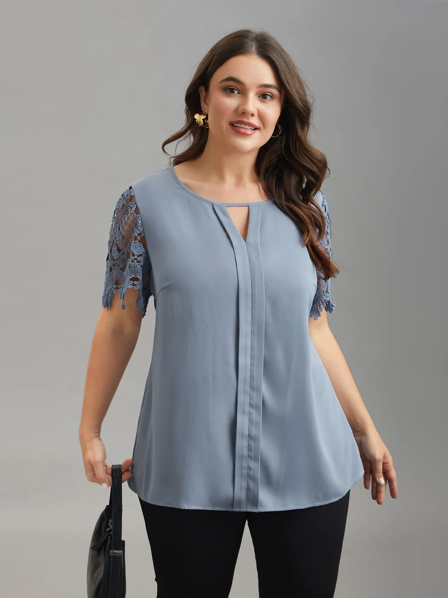 Lace Sleeve Neck Cut-Out Flared Shirt sold by Bloomchic product image thumbnail 3