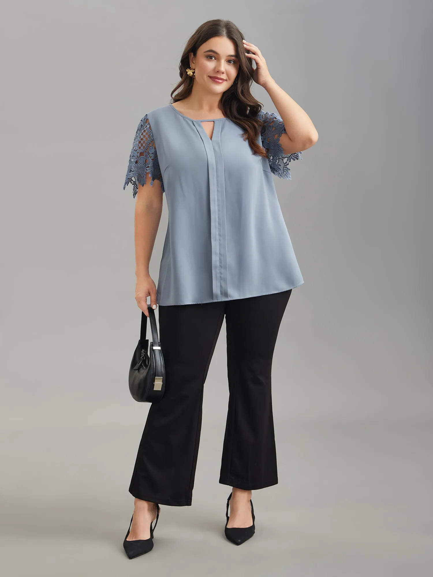 Lace Sleeve Neck Cut-Out Flared Shirt sold by Bloomchic product image thumbnail 2