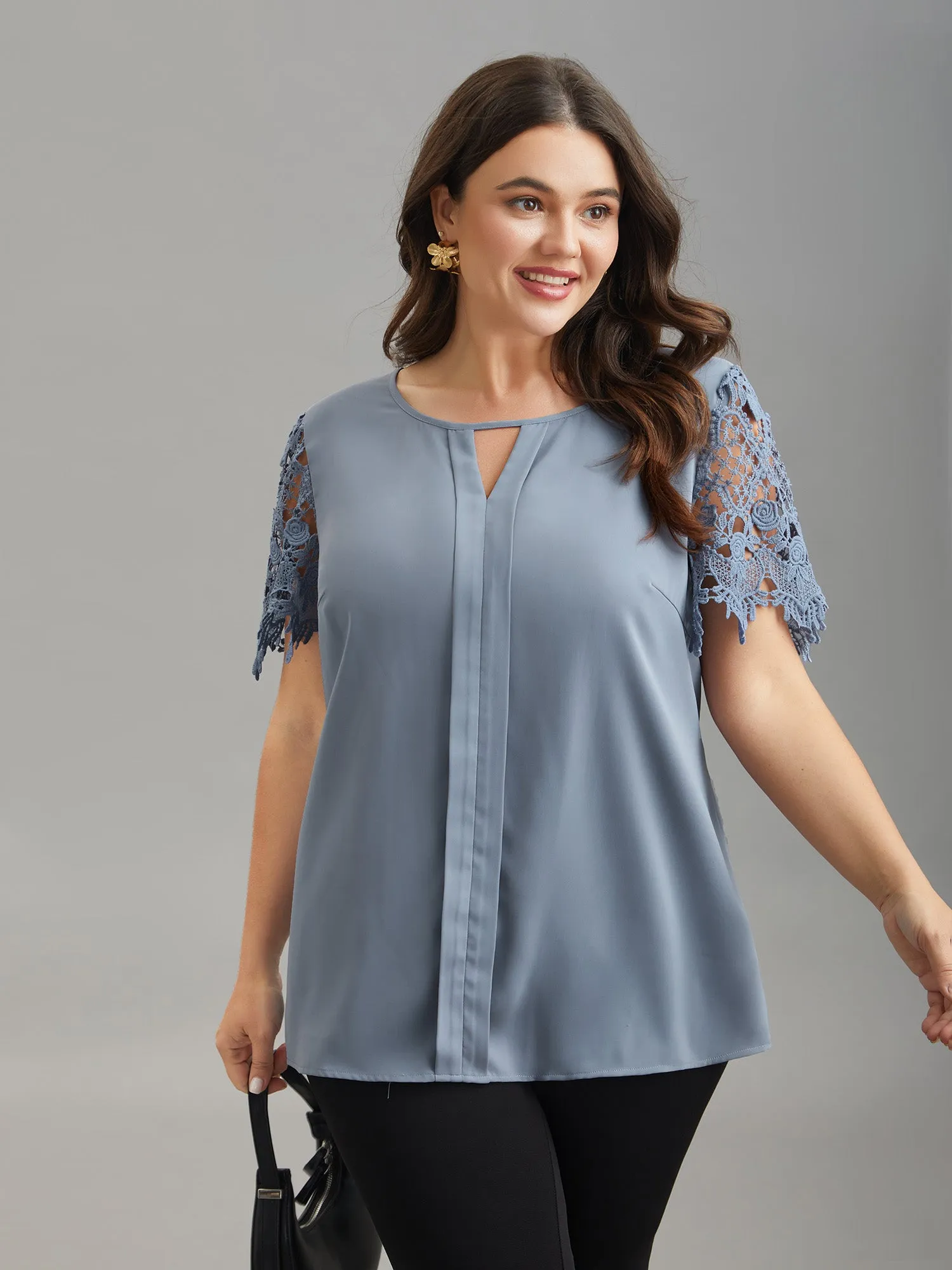 Lace Sleeve Neck Cut-Out Flared Shirt sold by Bloomchic product image thumbnail 4