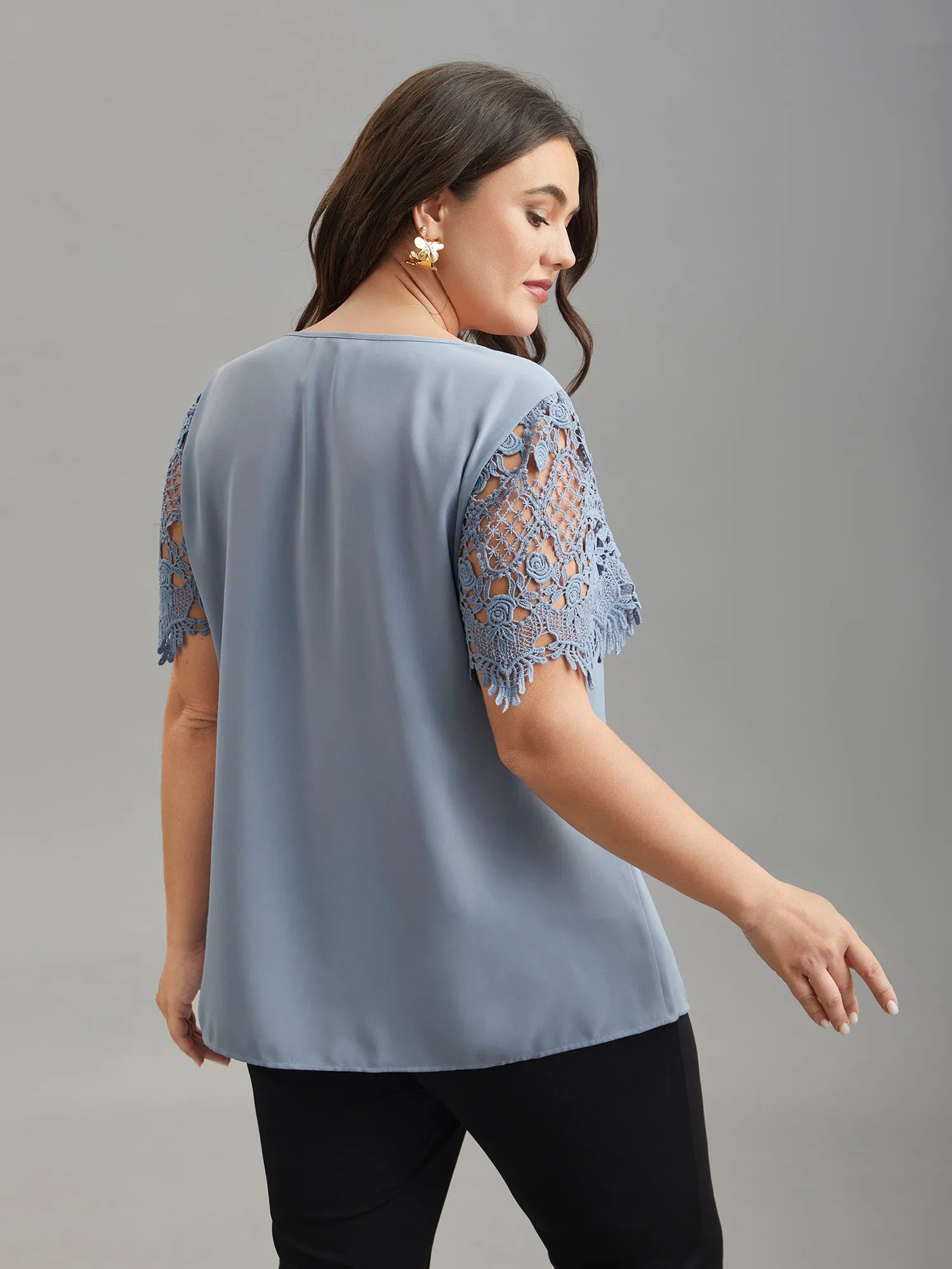 Lace Sleeve Neck Cut-Out Flared Shirt sold by Bloomchic product image thumbnail 5