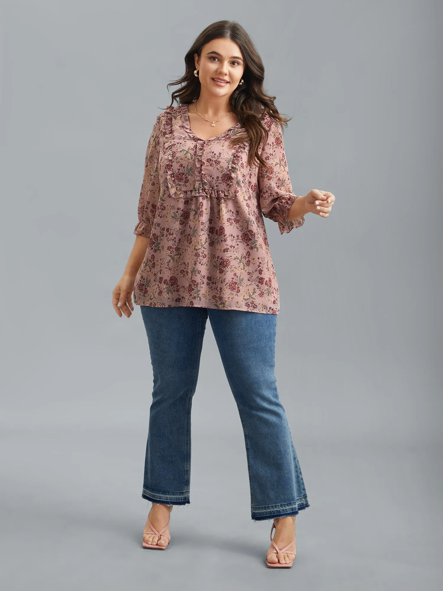 Chiffon Floral Print Ruffled Neck Flowy Shirt sold by Bloomchic product image thumbnail 2