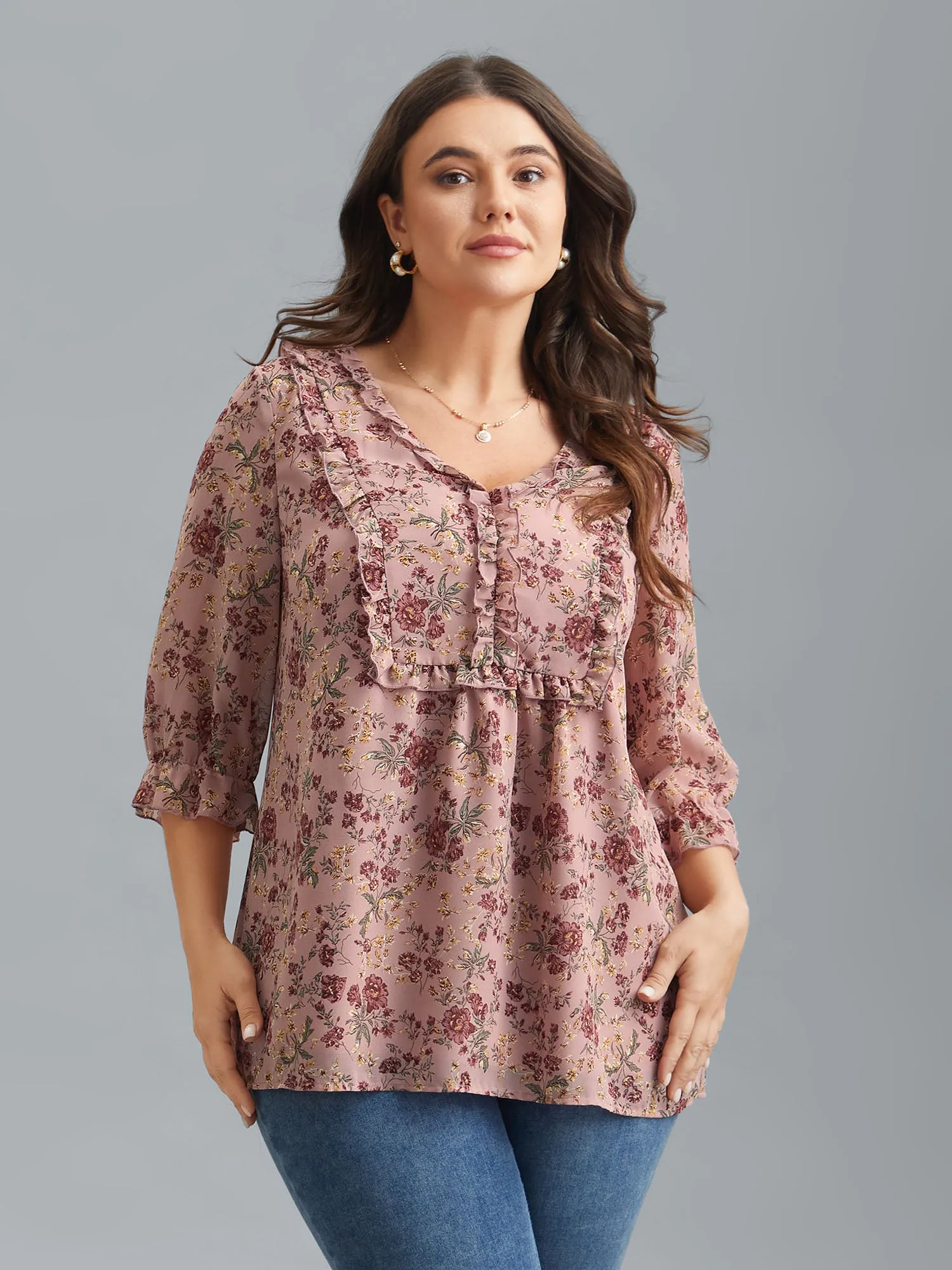 Chiffon Floral Print Ruffled Neck Flowy Shirt sold by Bloomchic product image thumbnail 4
