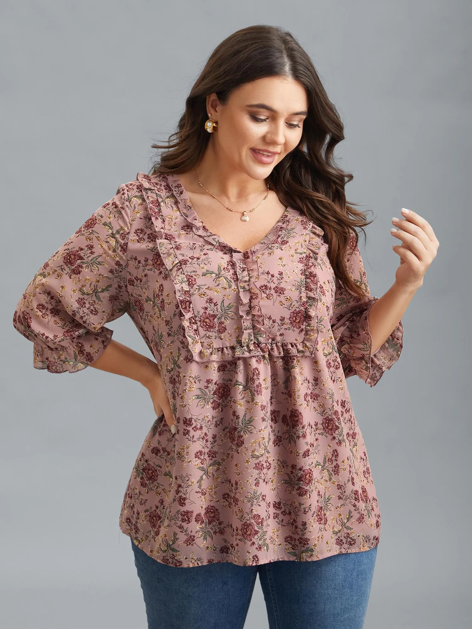 Chiffon Floral Print Ruffled Neck Flowy Shirt sold by Bloomchic