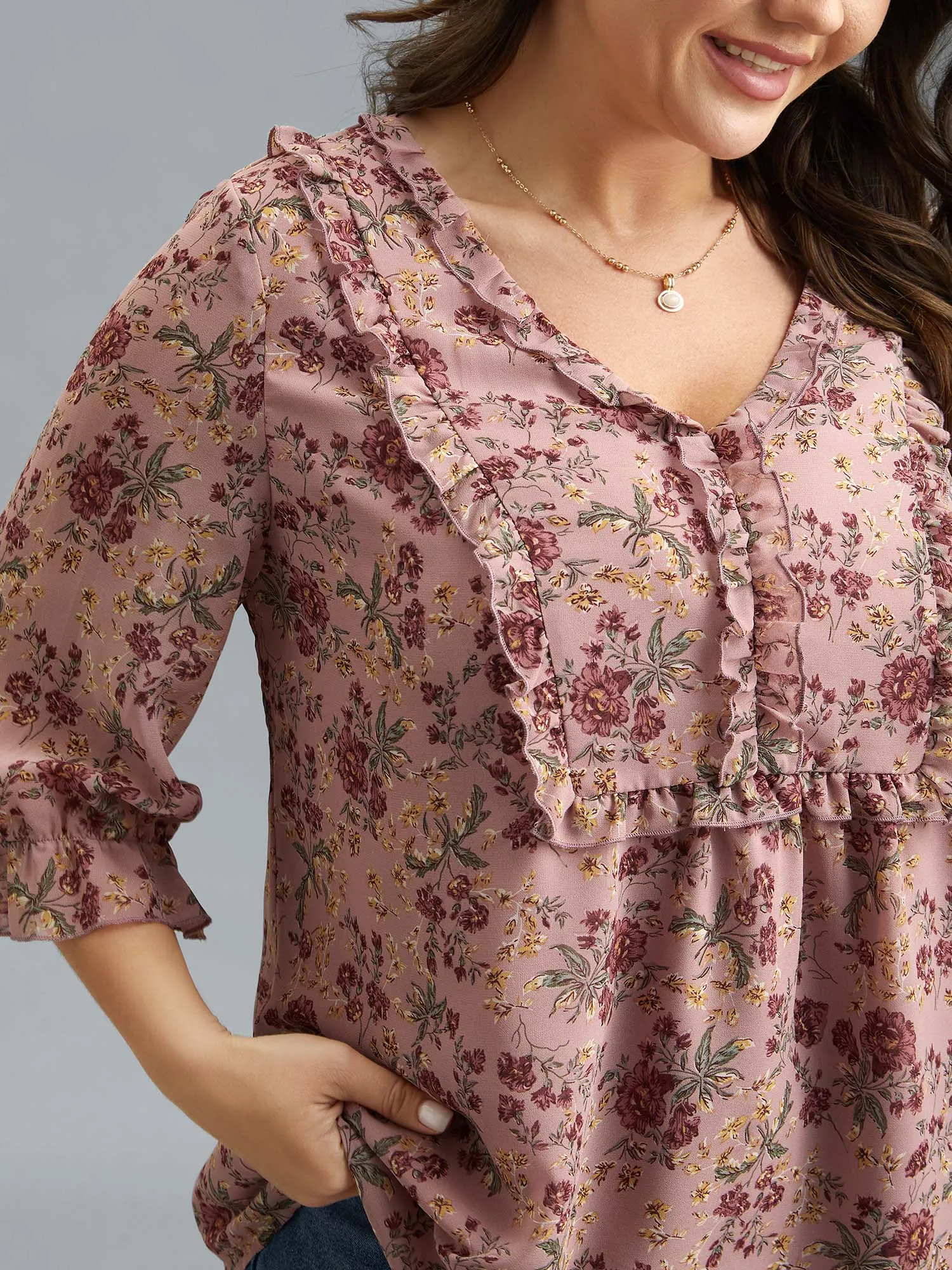 Chiffon Floral Print Ruffled Neck Flowy Shirt sold by Bloomchic product image thumbnail 3