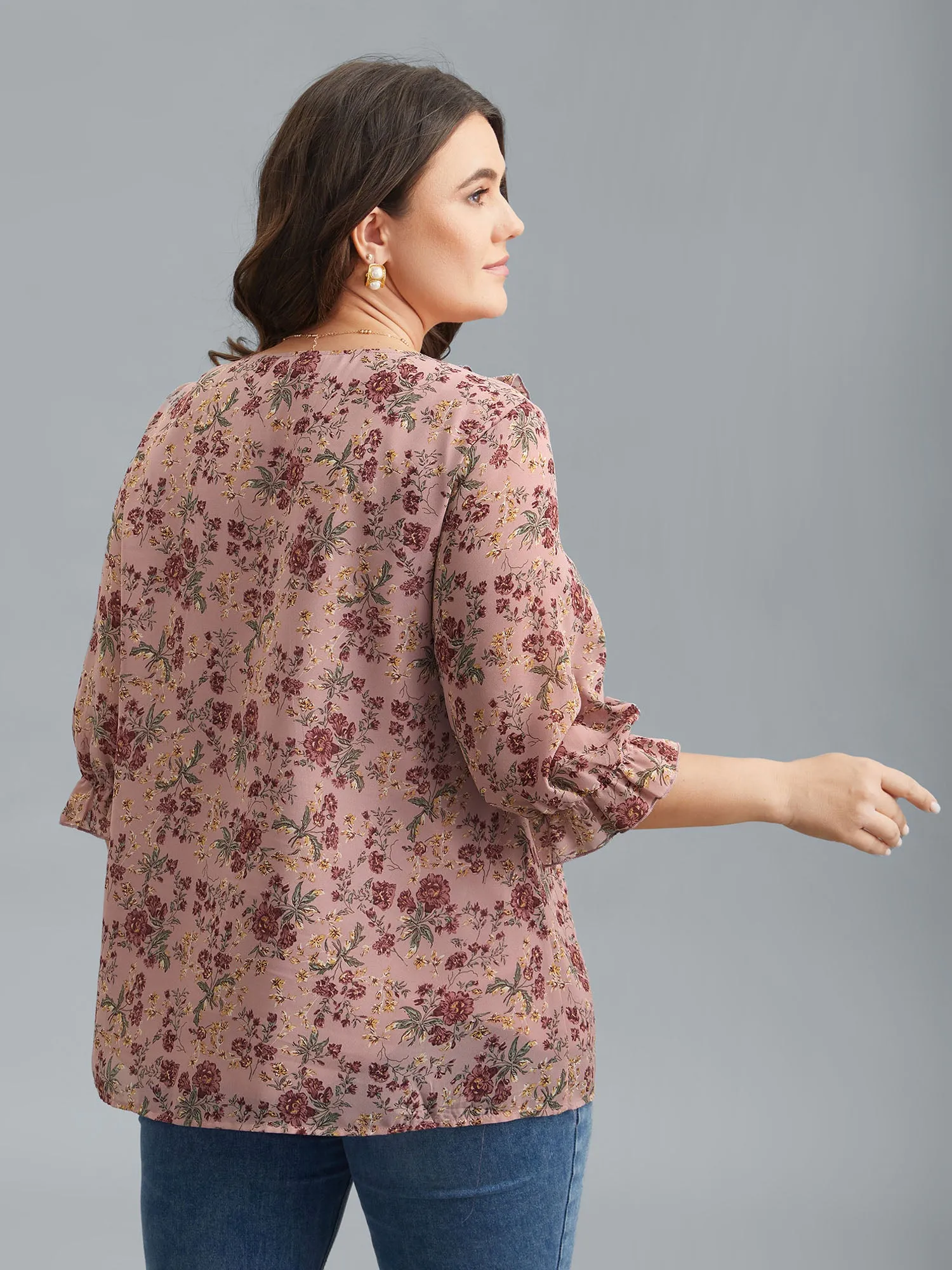 Chiffon Floral Print Ruffled Neck Flowy Shirt sold by Bloomchic product image thumbnail 5