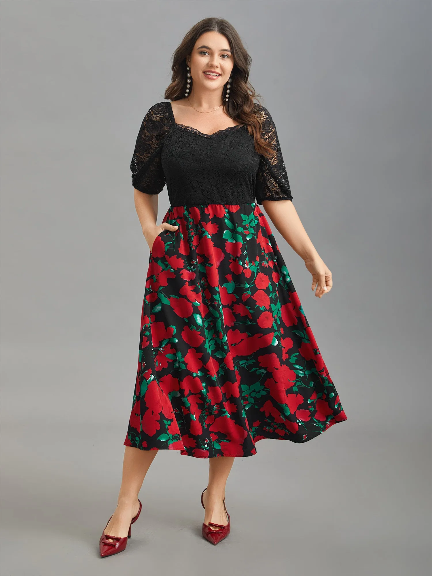 Mix Print Sheer Lace Sleeve Maxi Dress sold by Bloomchic product image thumbnail 3