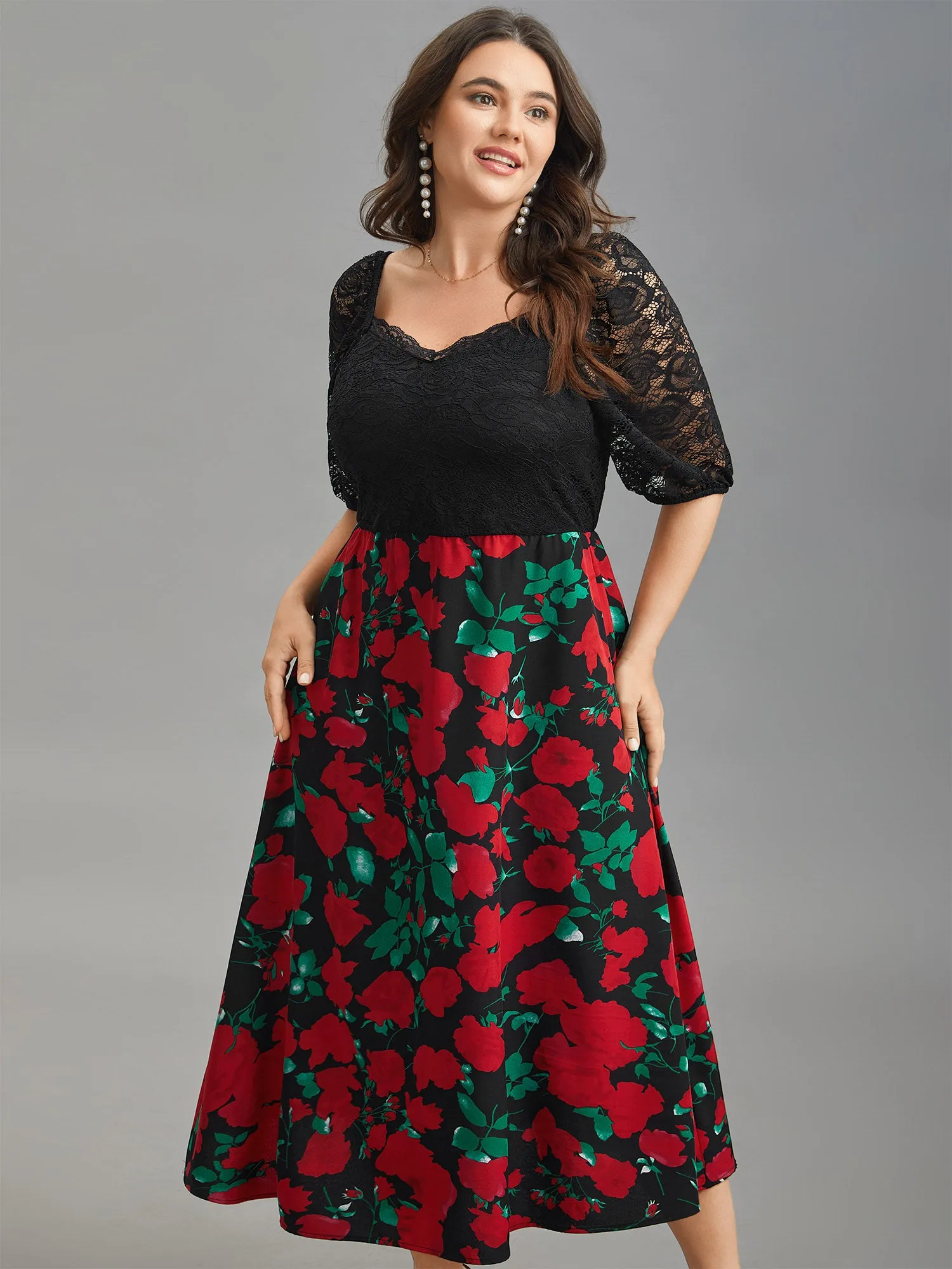 Mix Print Sheer Lace Sleeve Maxi Dress sold by Bloomchic