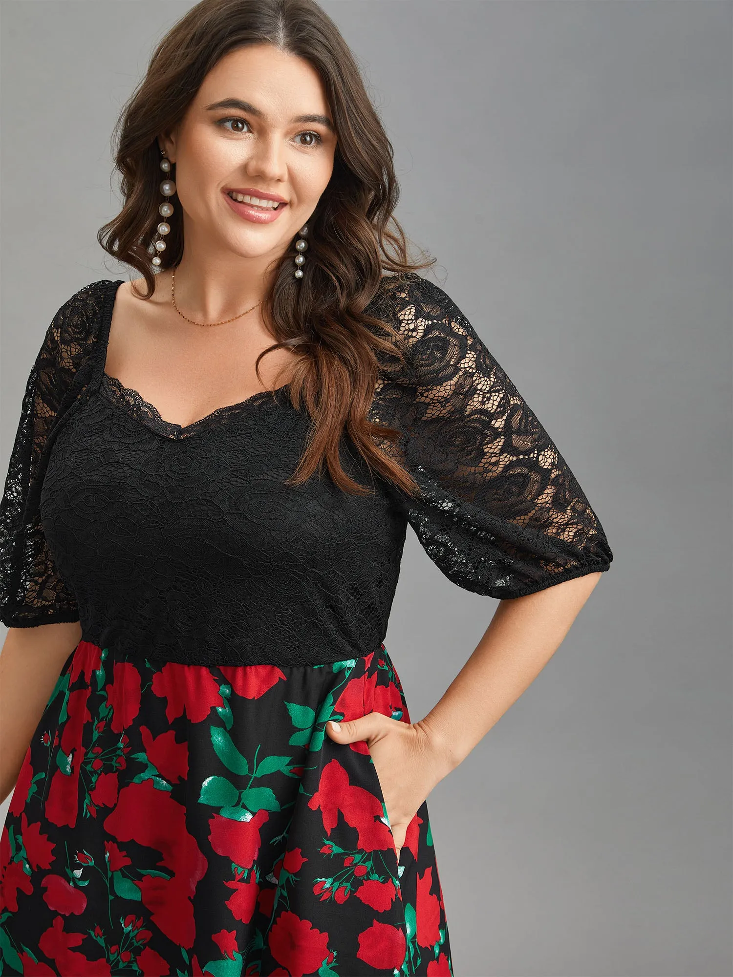 Mix Print Sheer Lace Sleeve Maxi Dress sold by Bloomchic product image thumbnail 2