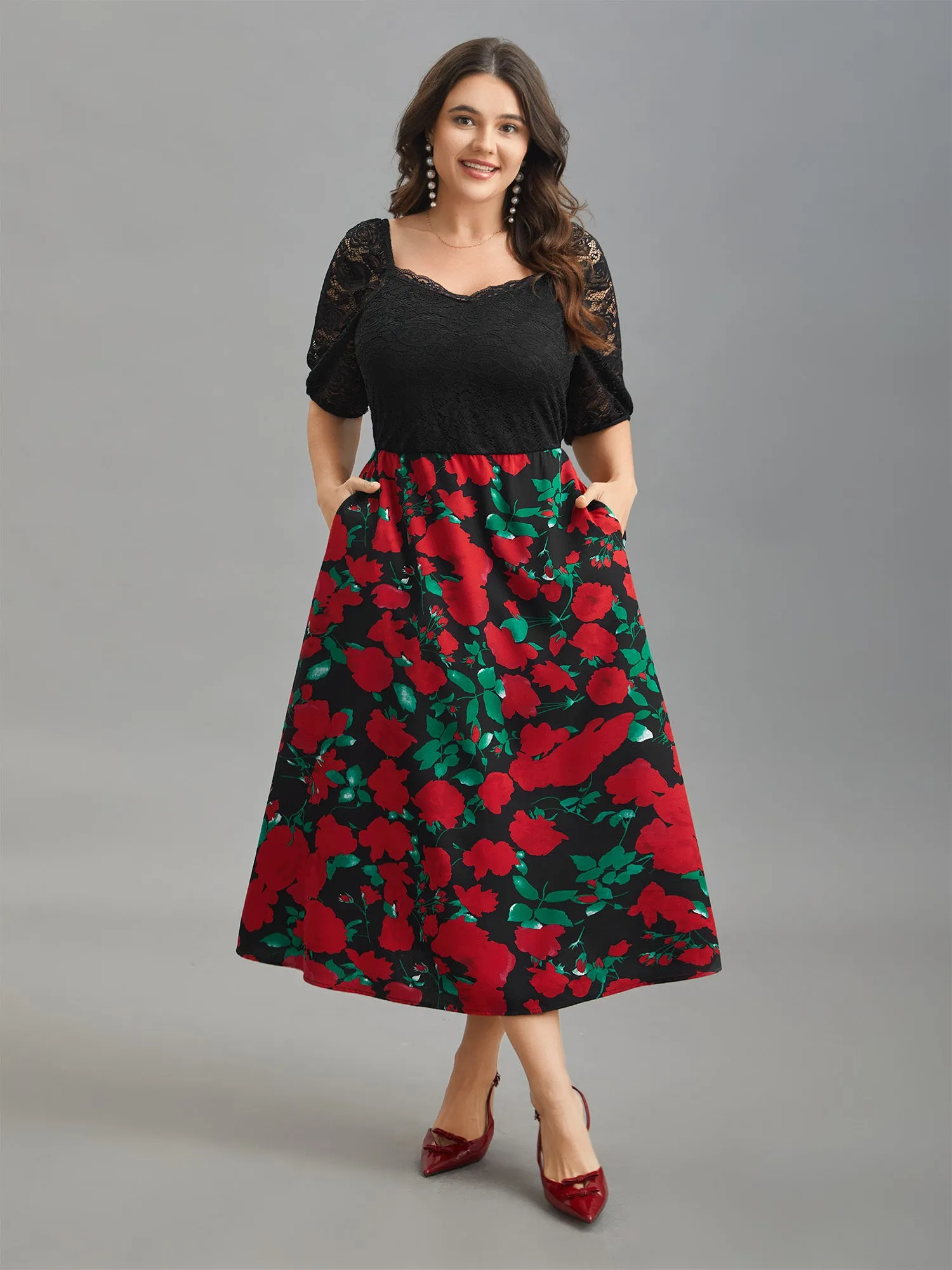 Mix Print Sheer Lace Sleeve Maxi Dress sold by Bloomchic product image thumbnail 4