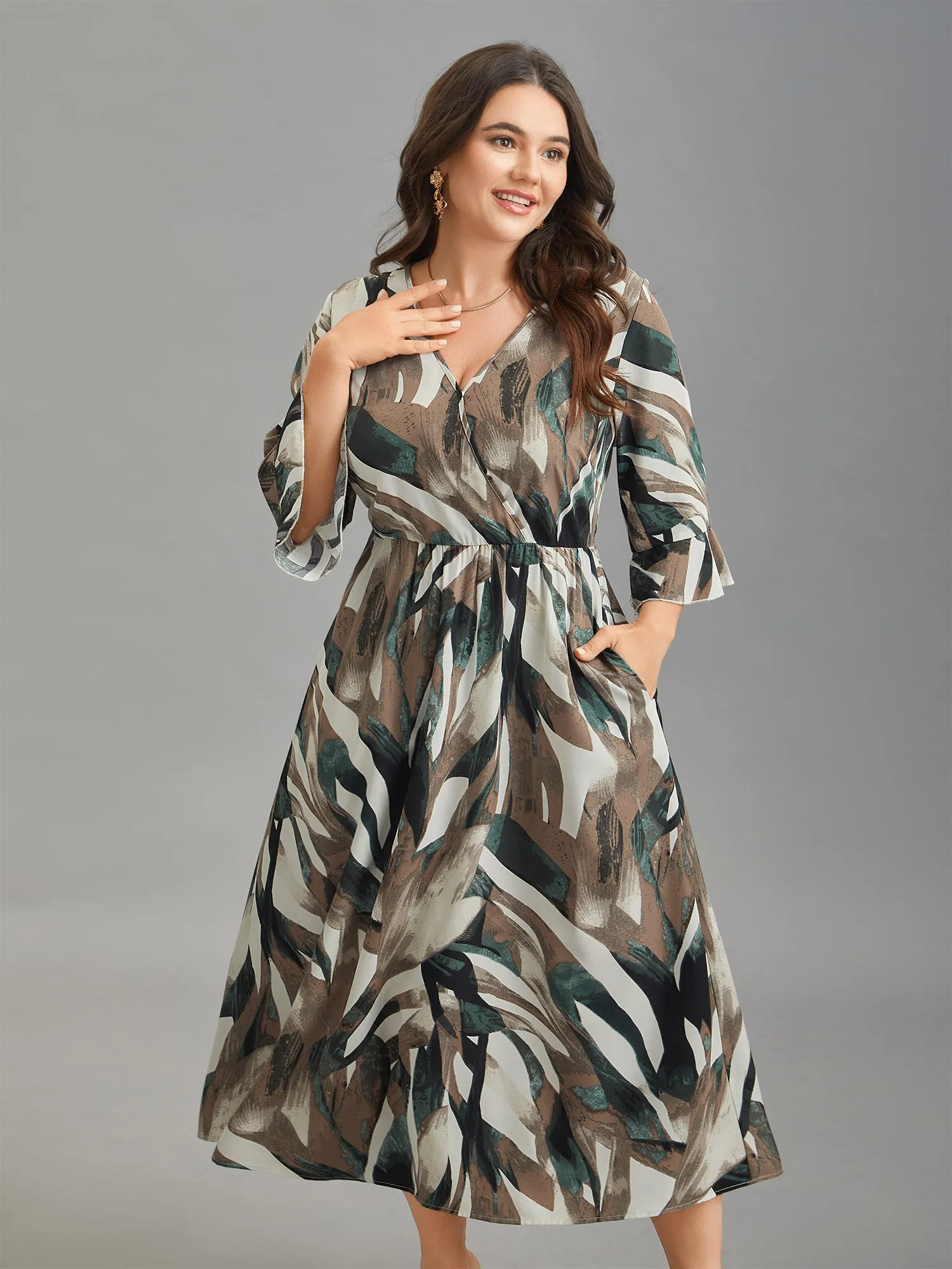 Abstract Print Lotus Leaf Cuff Pockets Dress sold by Bloomchic