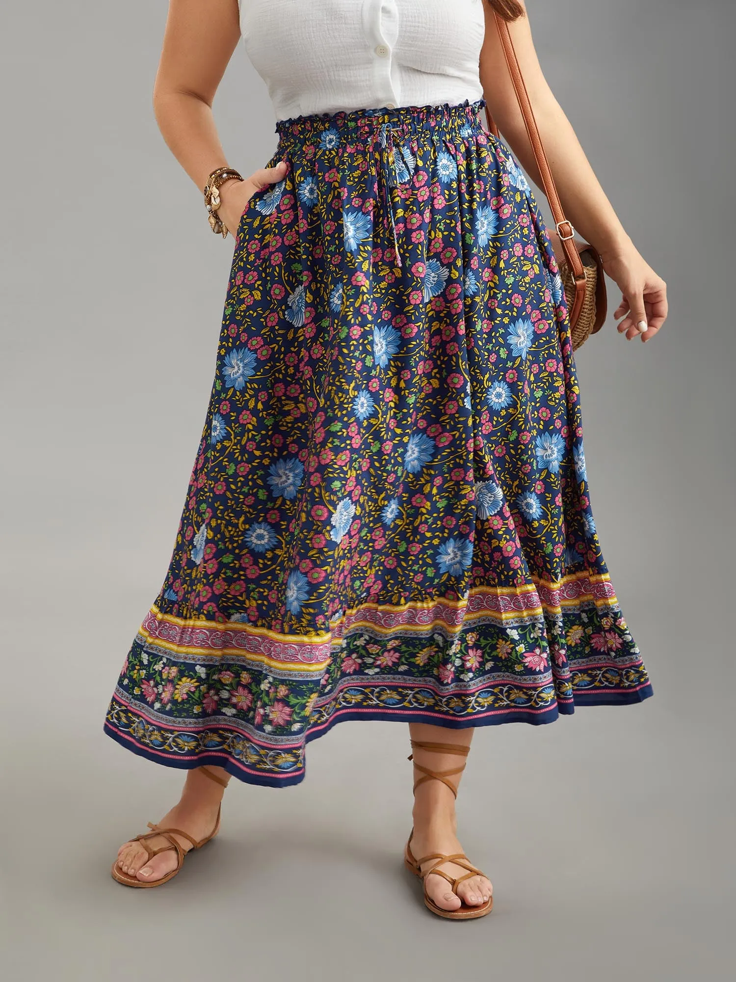 Boho Print Stretchy Waist Flared Maxi Skirt sold by Bloomchic