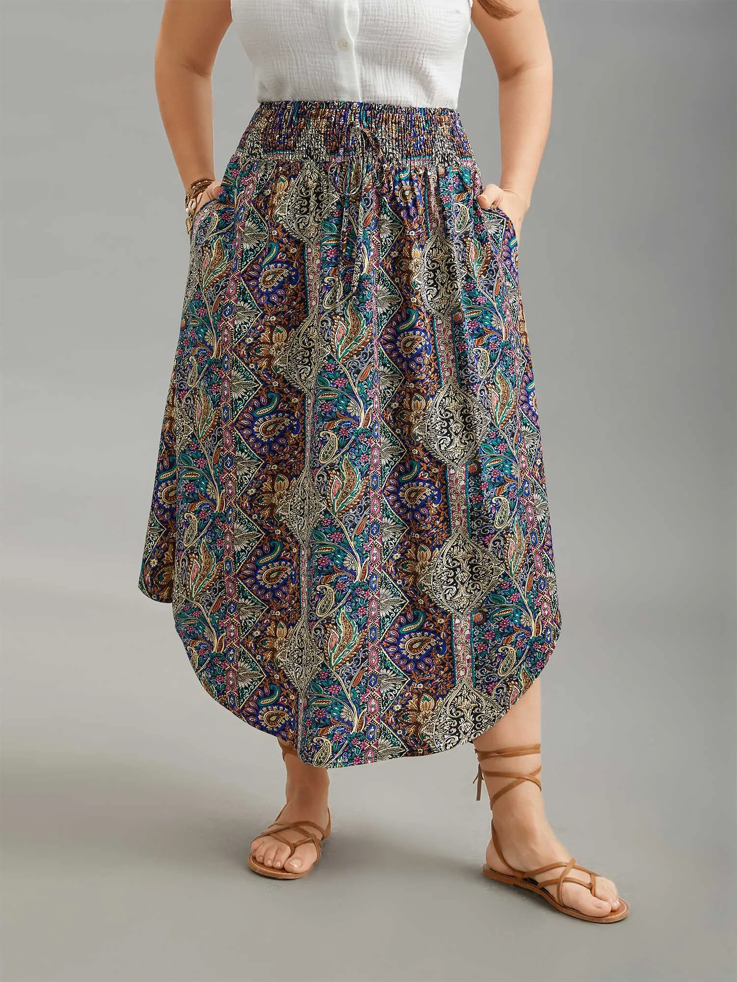 Boho Print Shirred Waist Midi Skirt sold by Bloomchic
