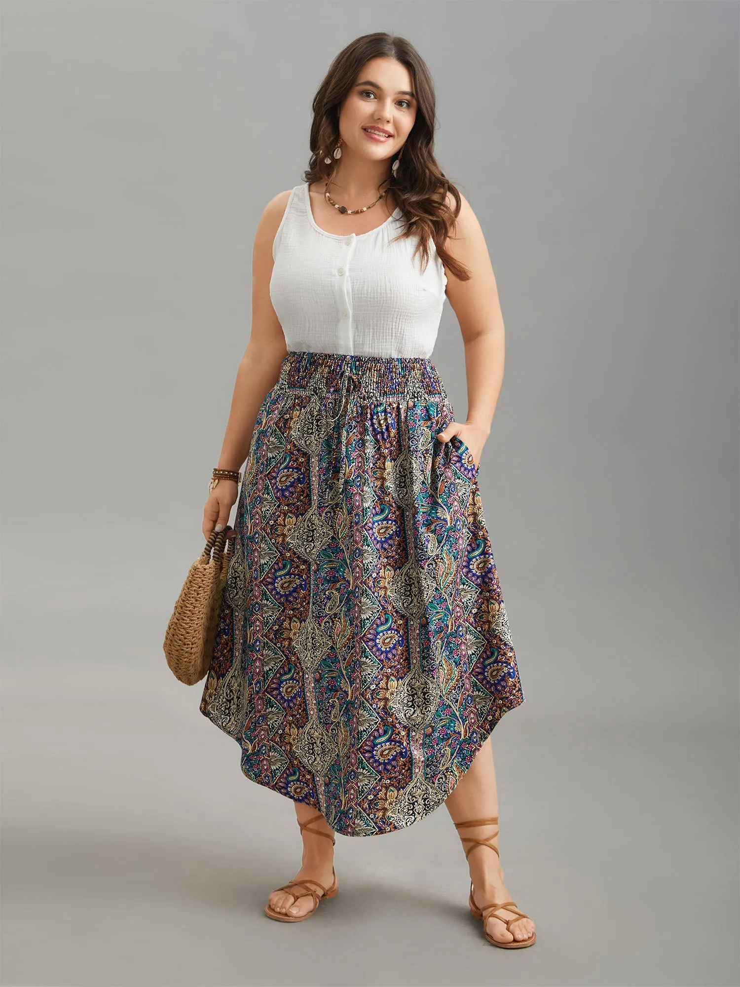 Boho Print Shirred Waist Midi Skirt sold by Bloomchic product image thumbnail 2