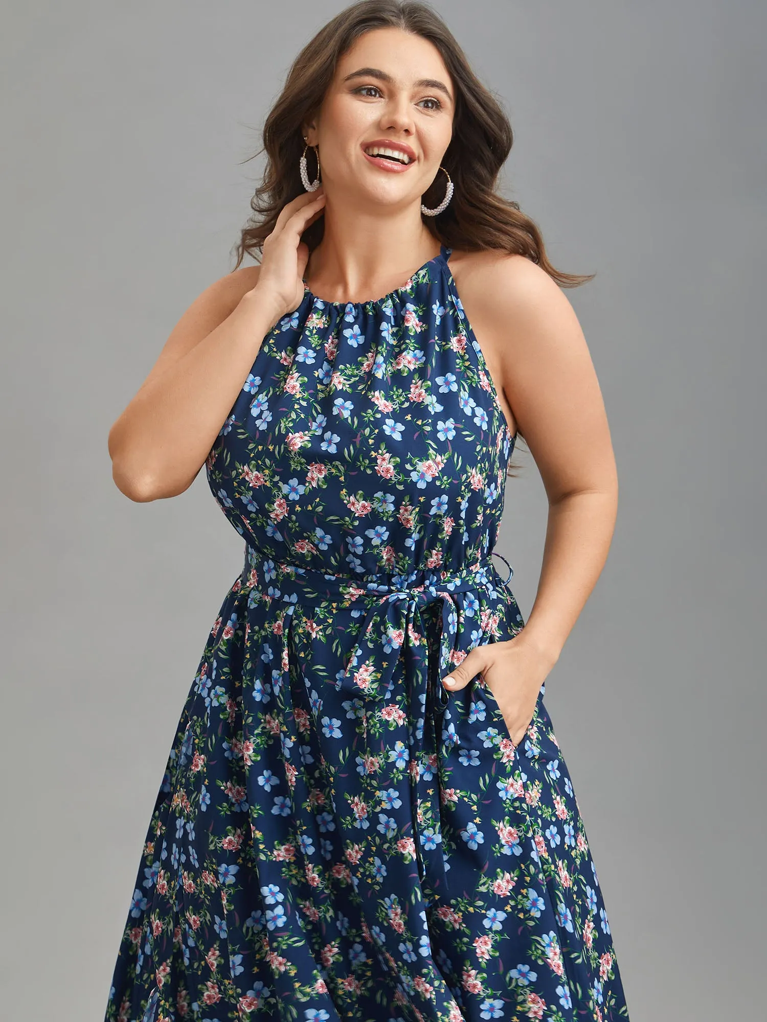Floral Print Belted Stretchy Waist Midi Dress sold by Bloomchic
