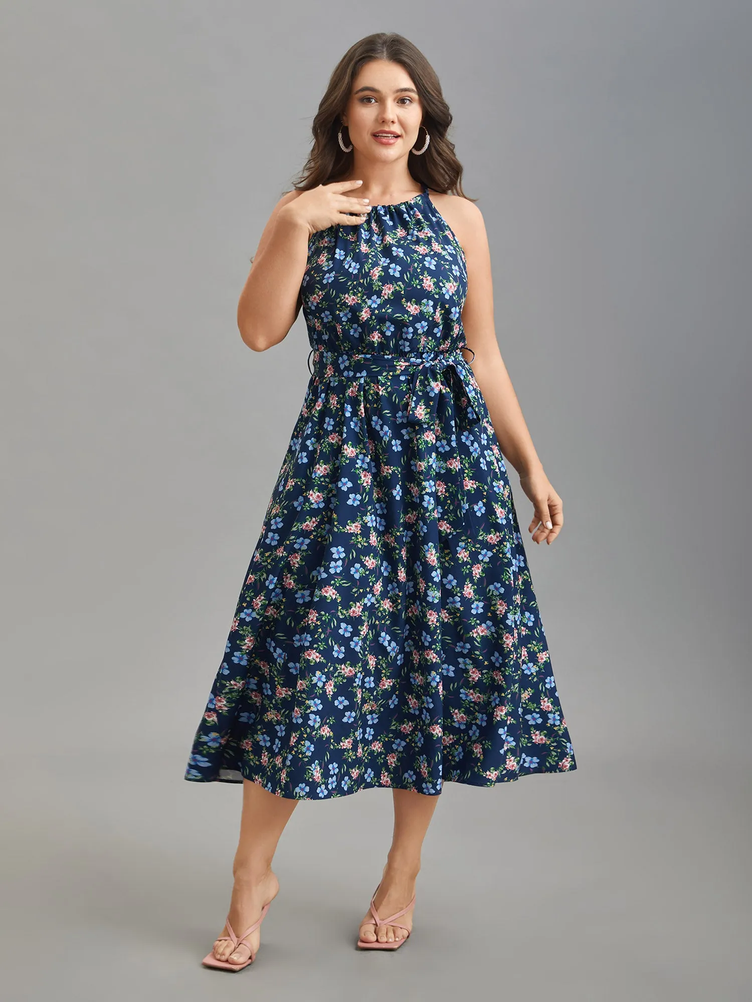 Floral Print Belted Stretchy Waist Midi Dress sold by Bloomchic product image thumbnail 4
