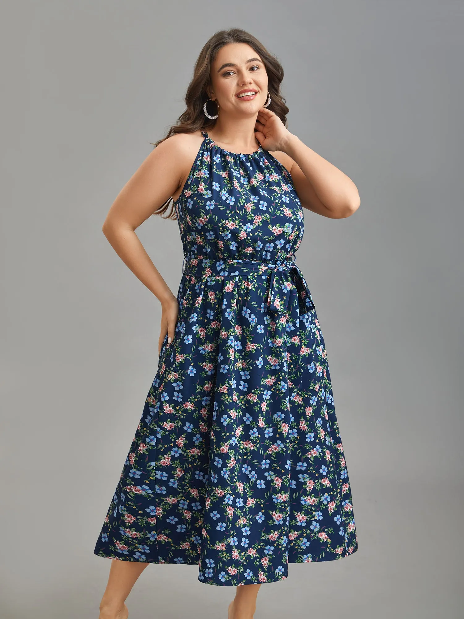 Floral Print Belted Stretchy Waist Midi Dress sold by Bloomchic product image thumbnail 2