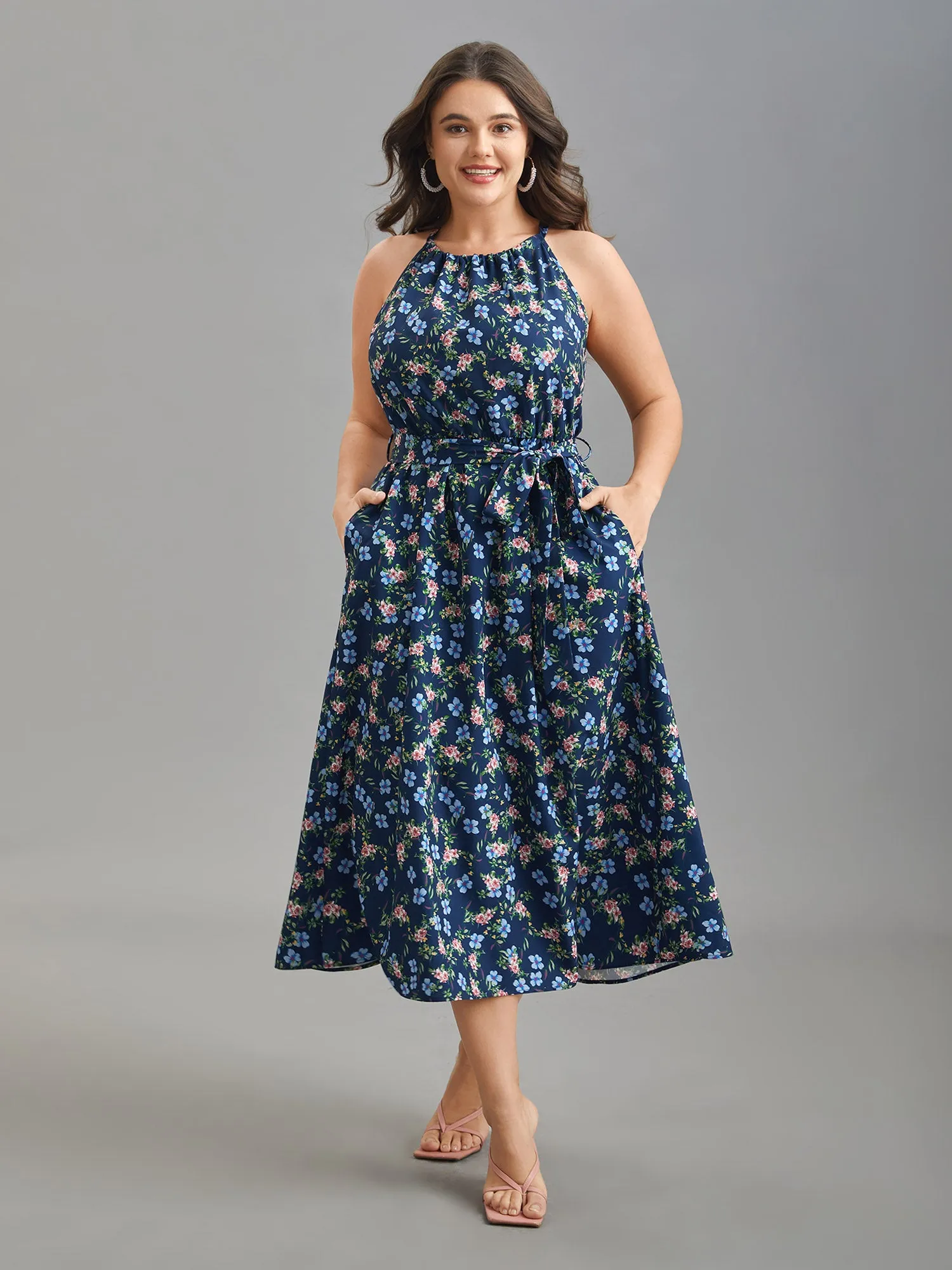 Floral Print Belted Stretchy Waist Midi Dress sold by Bloomchic product image thumbnail 3