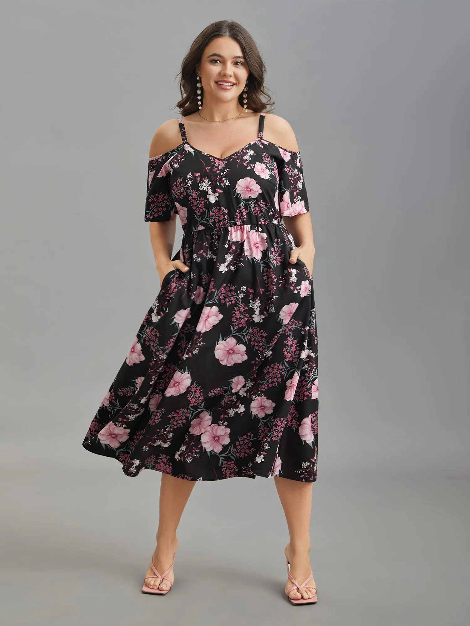 Floral Print Cold-Shoulder Pockets Midi Dress sold by Bloomchic product image thumbnail 4