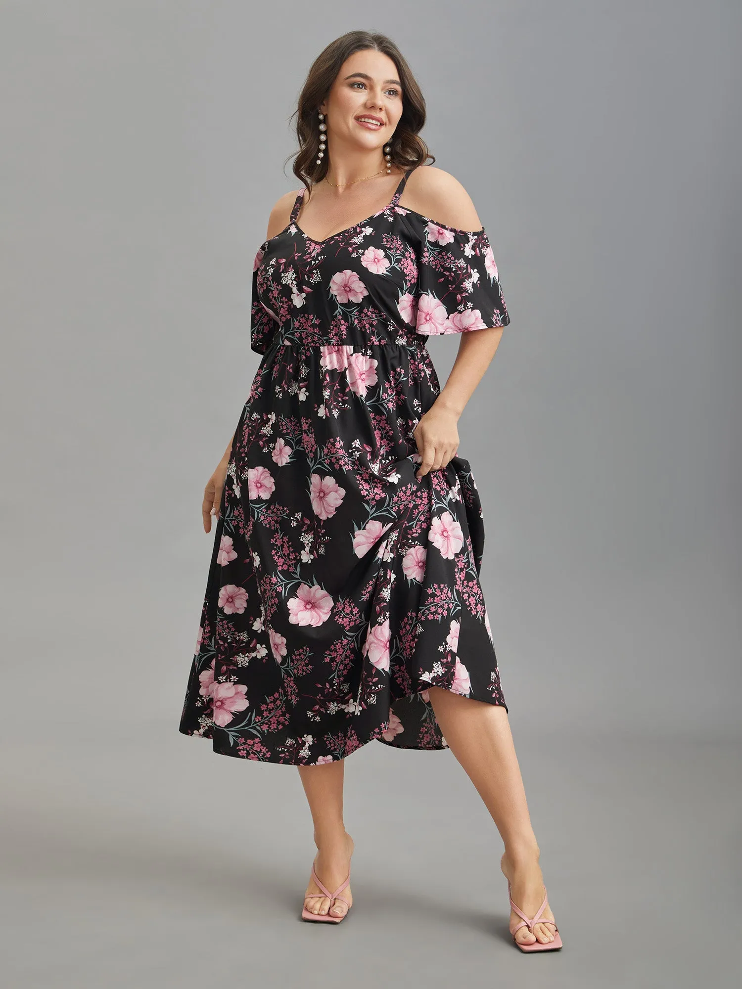 Floral Print Cold-Shoulder Pockets Midi Dress sold by Bloomchic product image thumbnail 2