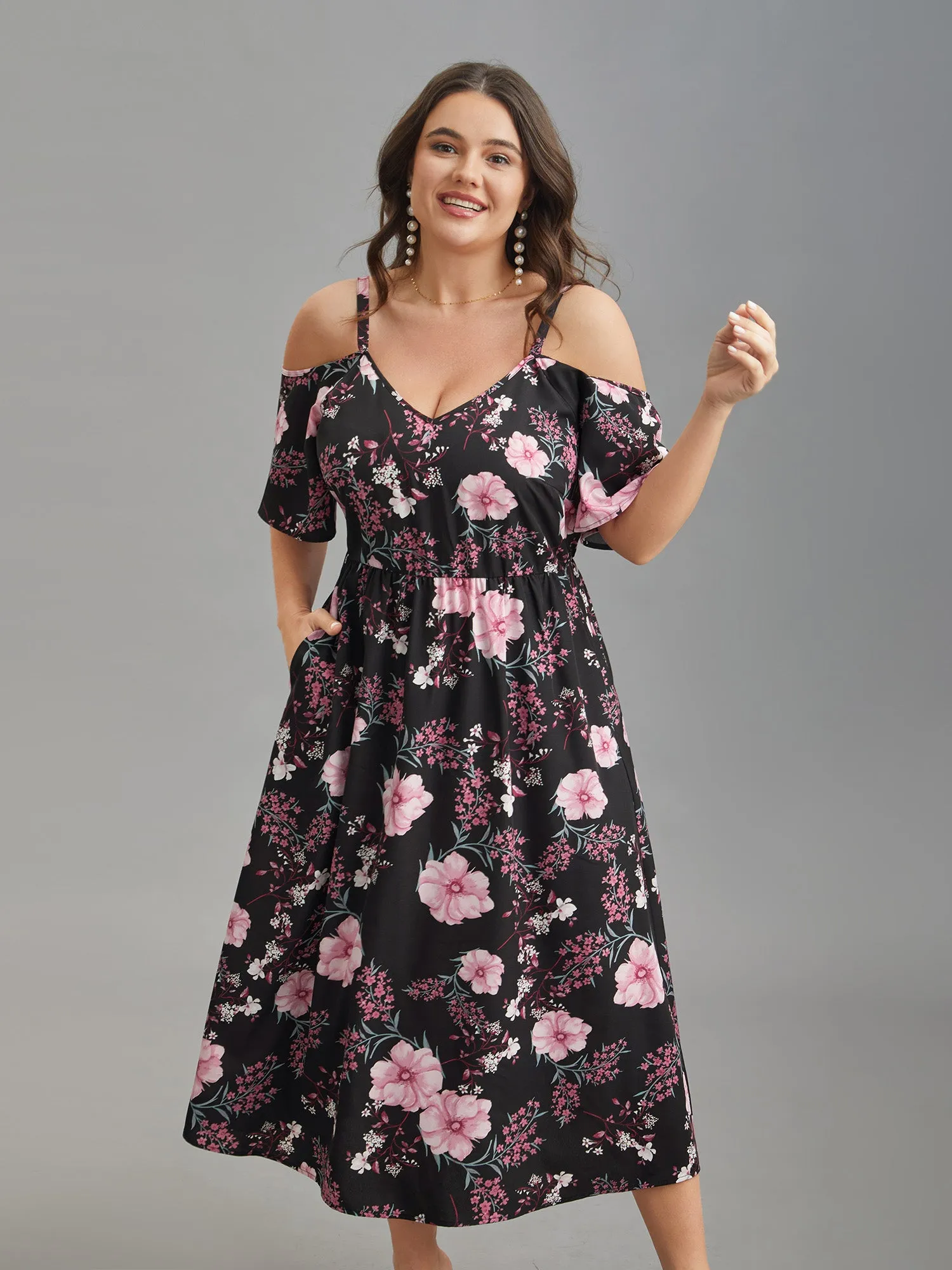 Floral Print Cold-Shoulder Pockets Midi Dress sold by Bloomchic product image thumbnail 3