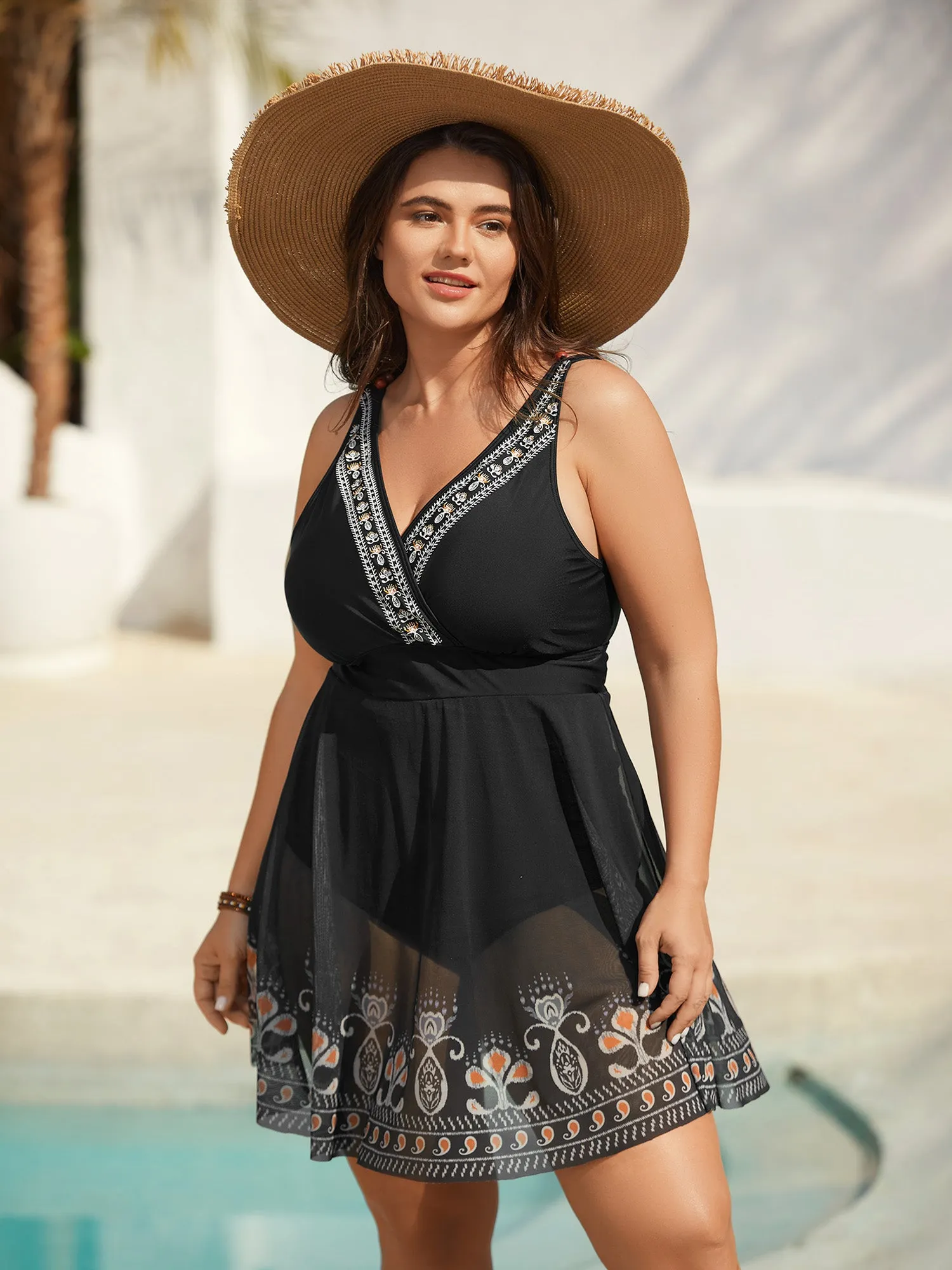 Embroidered Boho Print Surplice Neck Swim Dress sold by Bloomchic
