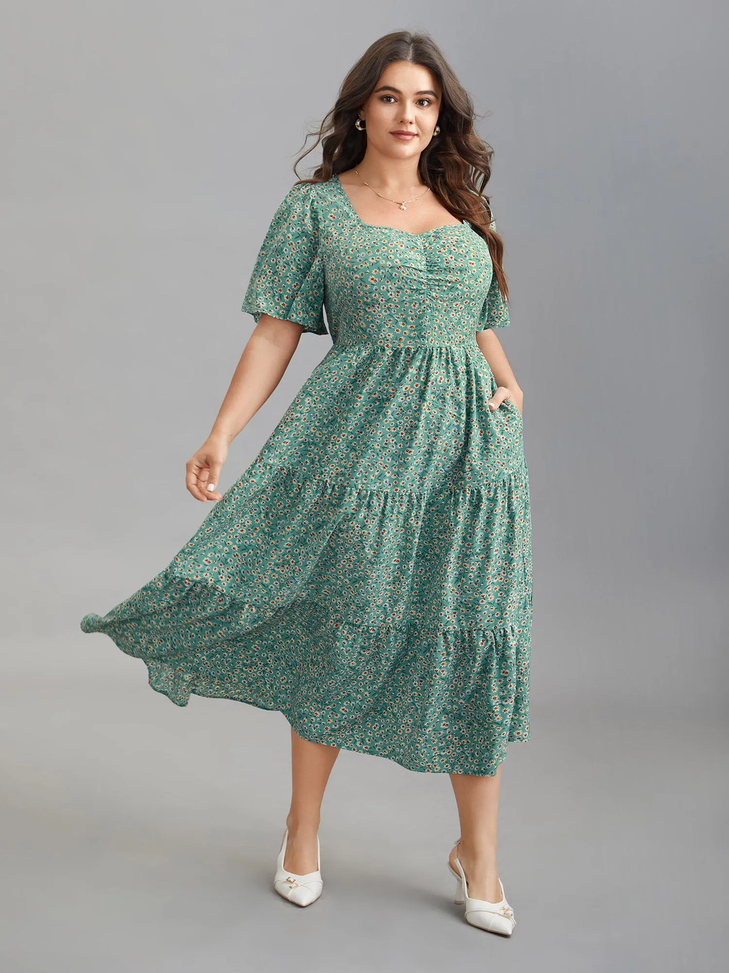 Ditsy Floral Print Sweetheart Neckline Tiered Dress sold by Bloomchic