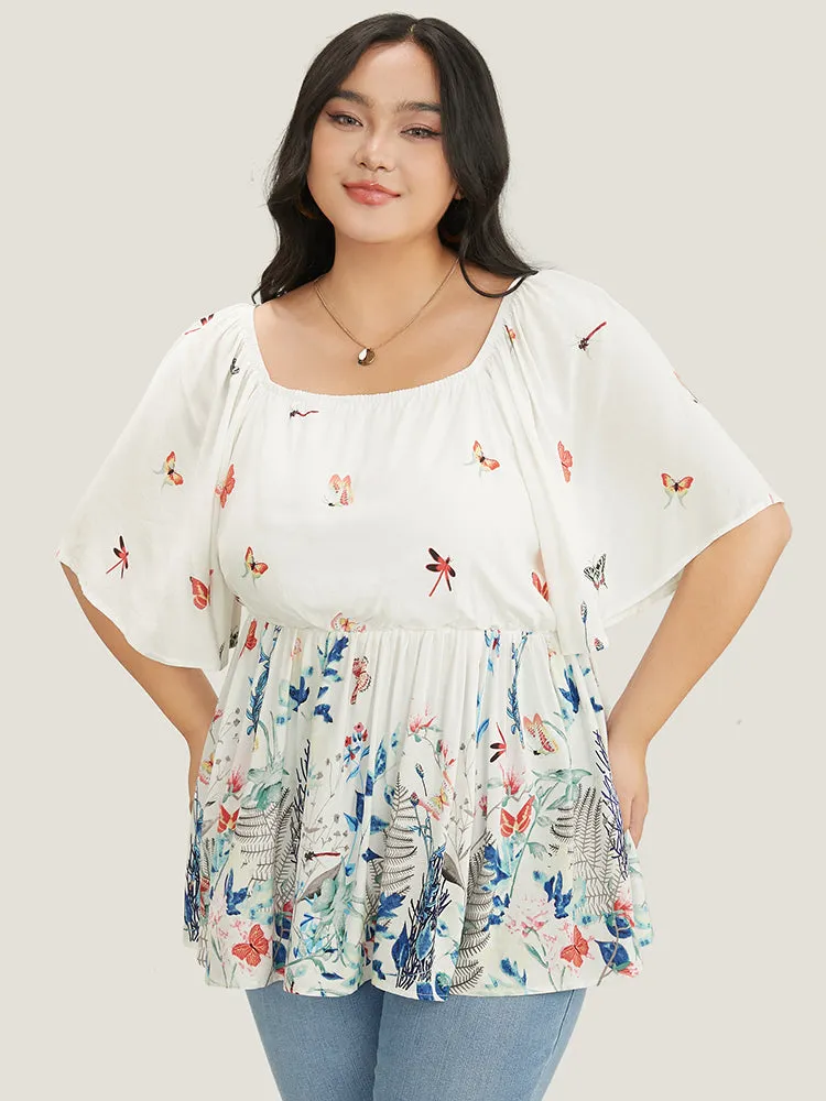 Butterfly & Floral Print Square Neck Ruffles Blouse sold by Bloomchic