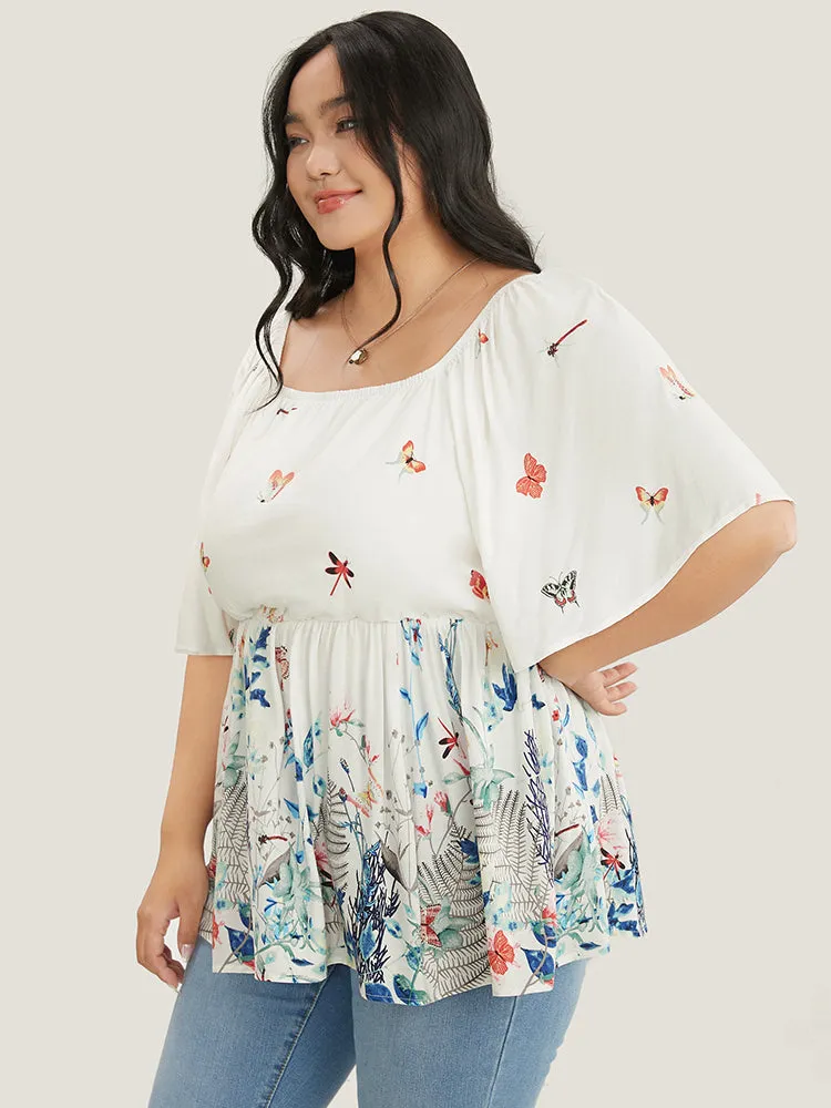 Butterfly & Floral Print Square Neck Ruffles Blouse sold by Bloomchic product image thumbnail 3