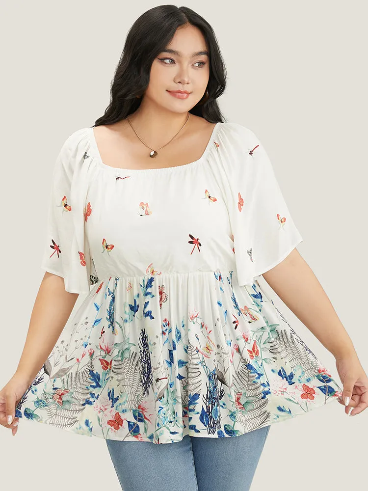 Butterfly & Floral Print Square Neck Ruffles Blouse sold by Bloomchic product image thumbnail 2