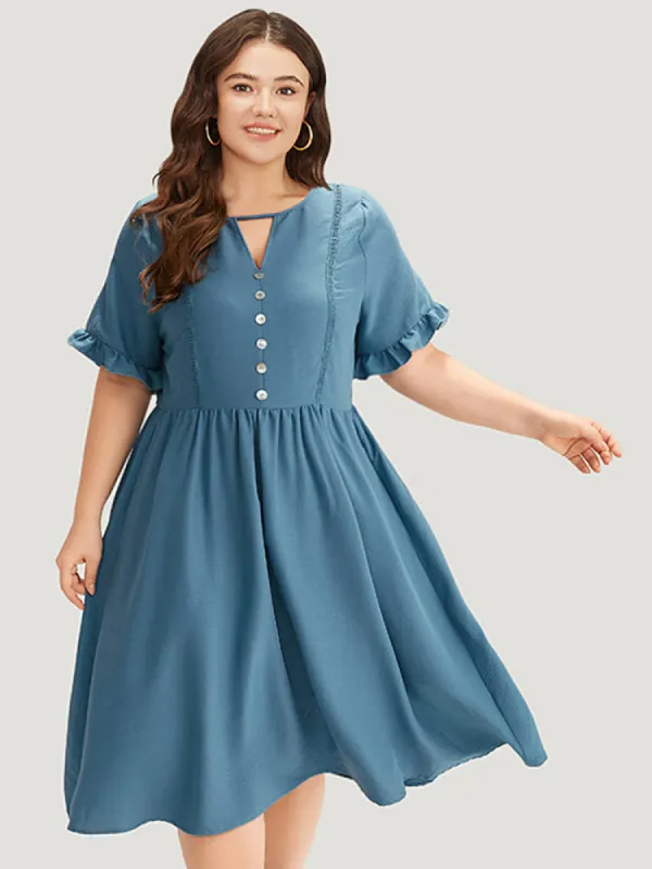 Solid Button Detail Keyhole Pocket Frill Trim Dress sold by Bloomchic