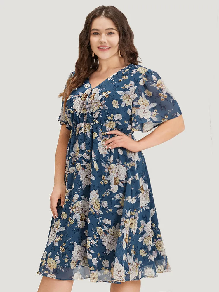 Floral Print Surplice Neck Flutter Sleeve Dress sold by Bloomchic