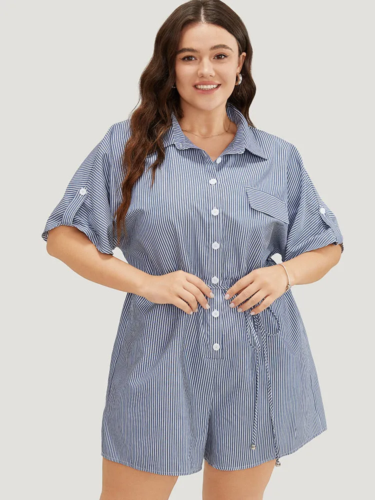 Striped Print Roll Sleeve Pocket Knot Button Up Romper sold by Bloomchic