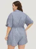Striped Print Roll Sleeve Pocket Knot Button Up Romper sold by Bloomchic
